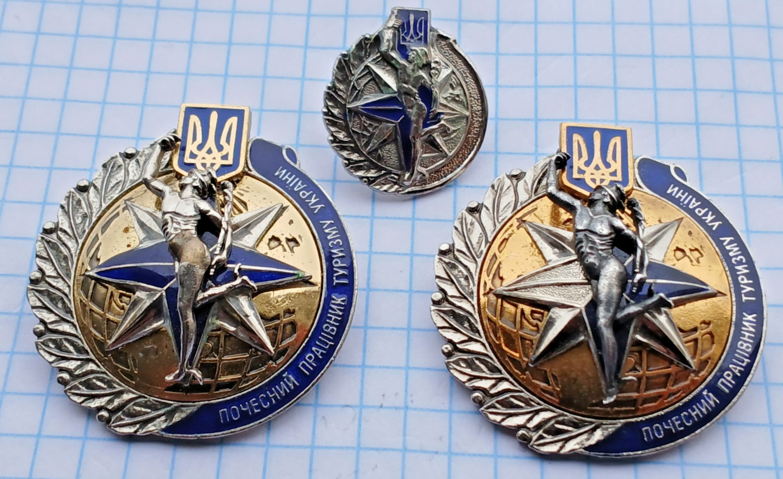 A set of badges. Honorary worker of the Ukrainian Tourism Authority.
