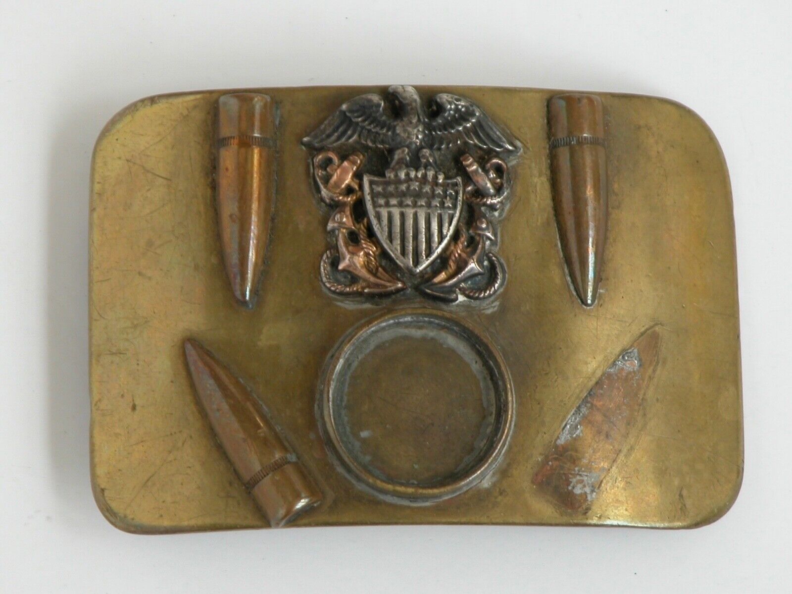 Vtg WWII Military Brass Bullet Belt Buckle Trench Art NAVY EAGLE Sterling Silver