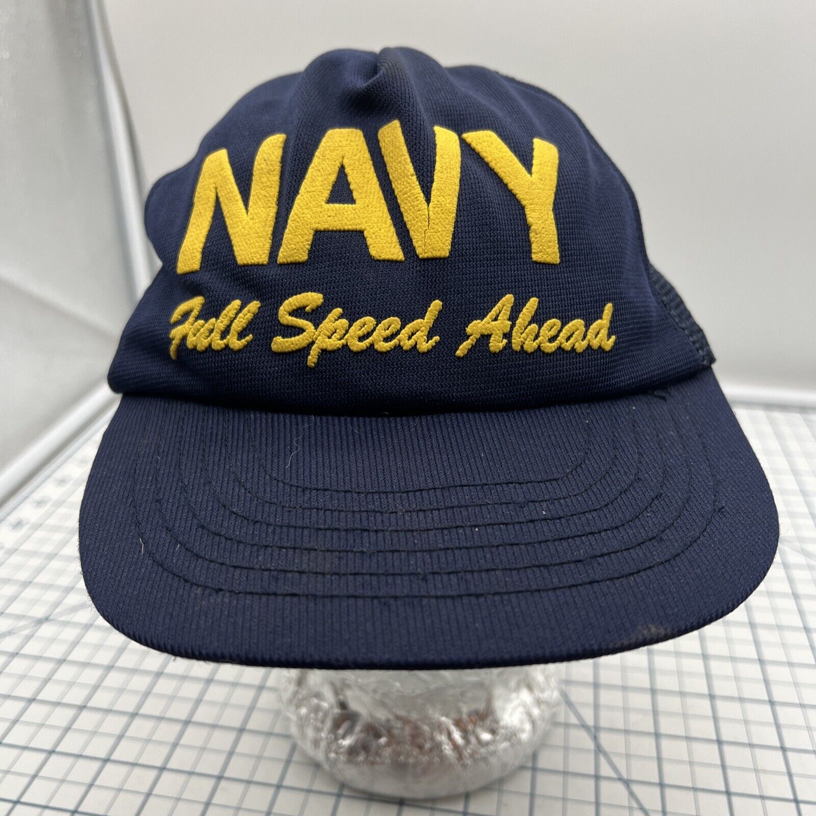 U.S. Navy Full Speed Ahead Hat Cap Vintage Snapback Blue Gold Mesh  *No Foam 80s