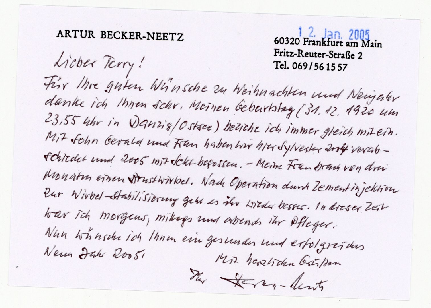 Artur Becker-Neetz - Handwritten & Signed Card Dated 2005