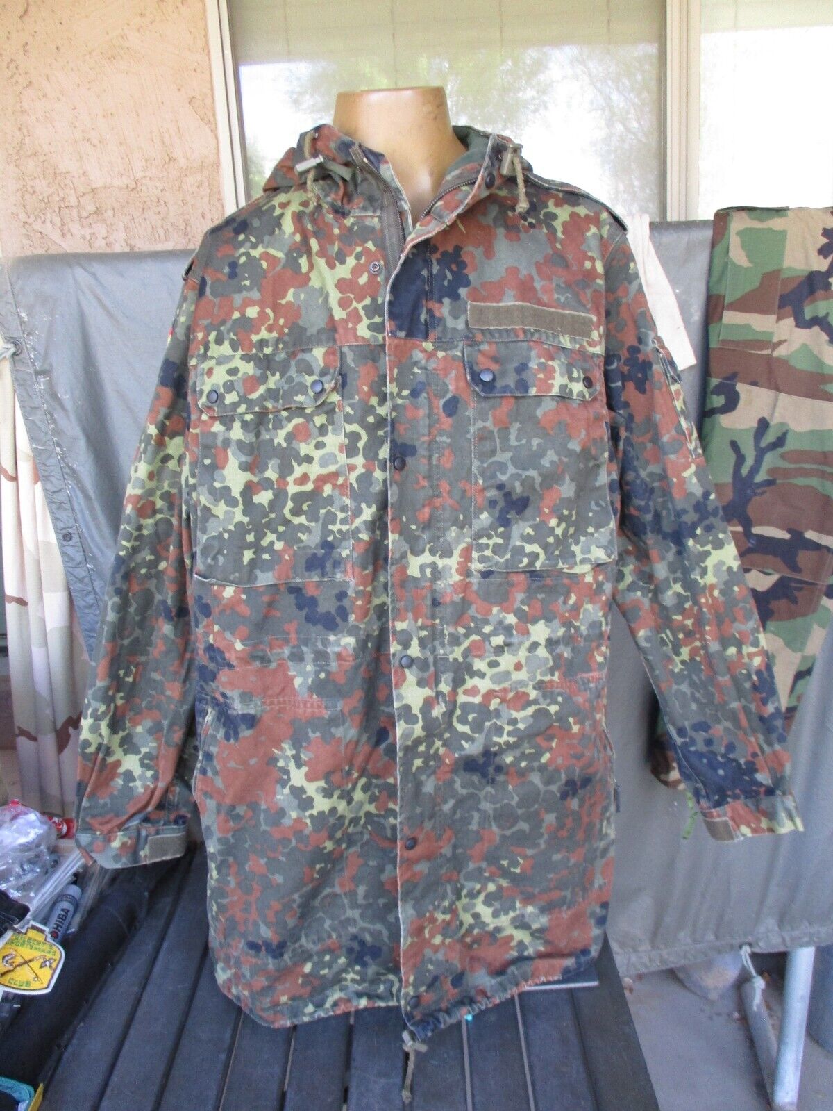 Vtg 1996 German Army Flectarn Dot Camouflage Long Parka, Field Jacket, LARGE