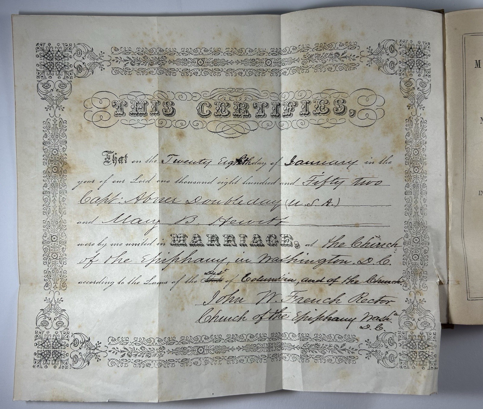Marriage Certificate Issued for Abner Doubleday in 1852 - Famous Union General