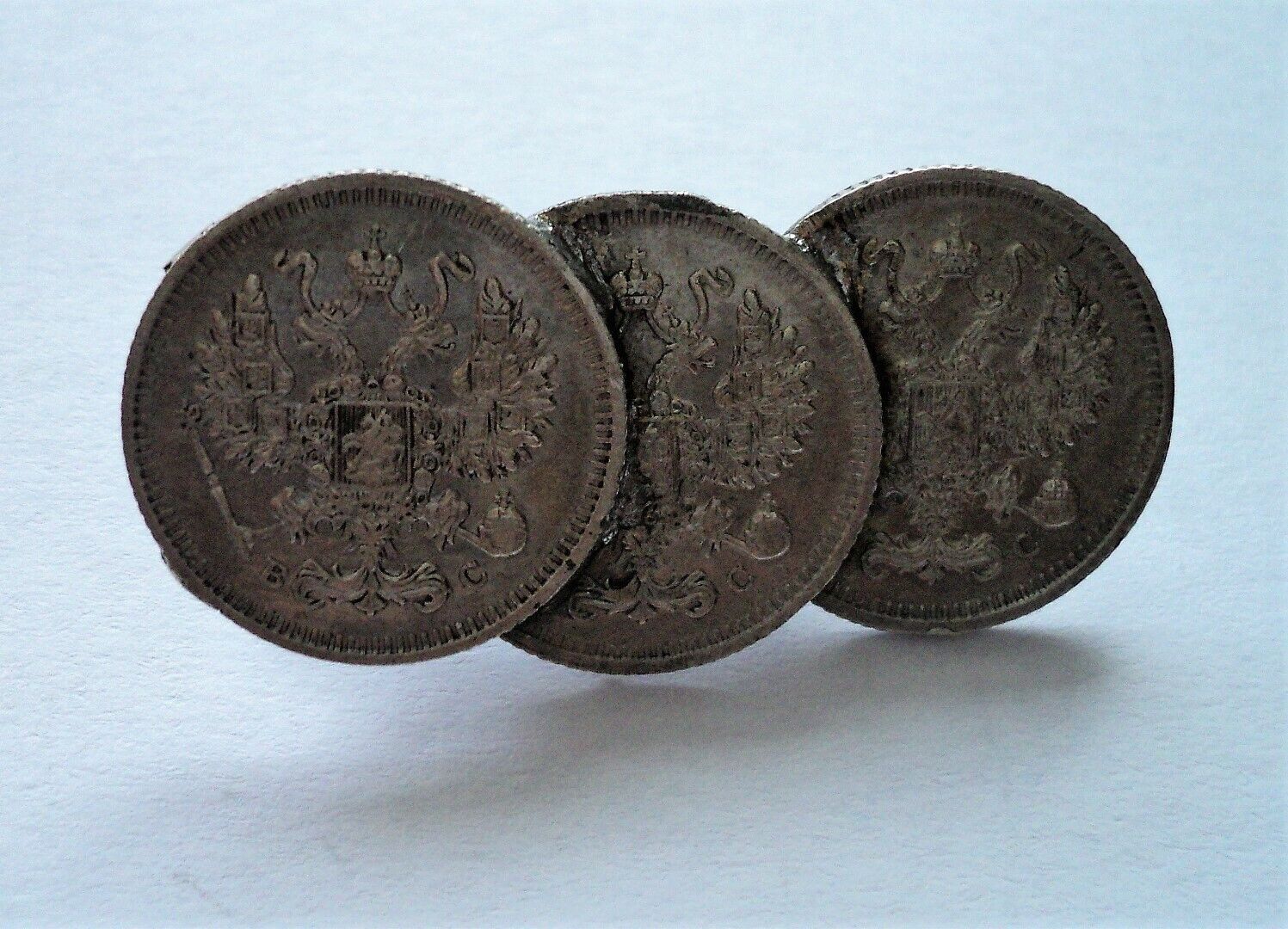 WW1 Russia Emperor 3 Coins Silver 10 Kopeks Trench Art Broche Pin 1916