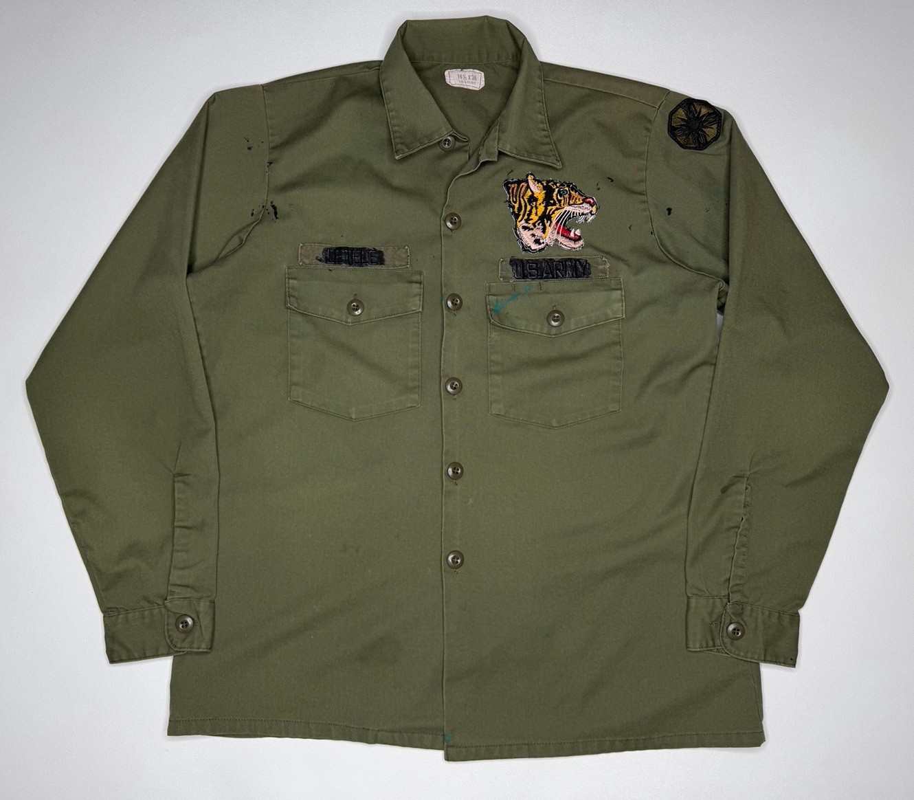 Vintage US Military OG-507 Shirt Tiger Patch 80’s Green Drab | 16.5 x 36 | XL