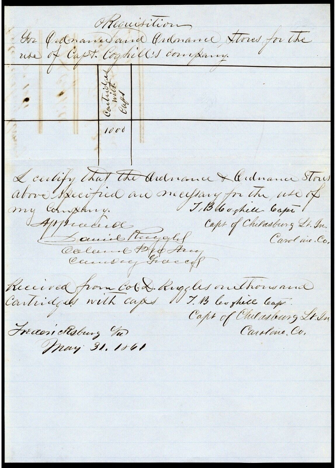 Signed 5/31/1861 Fredericksburg VA Civil War Ammunition Requisition Request