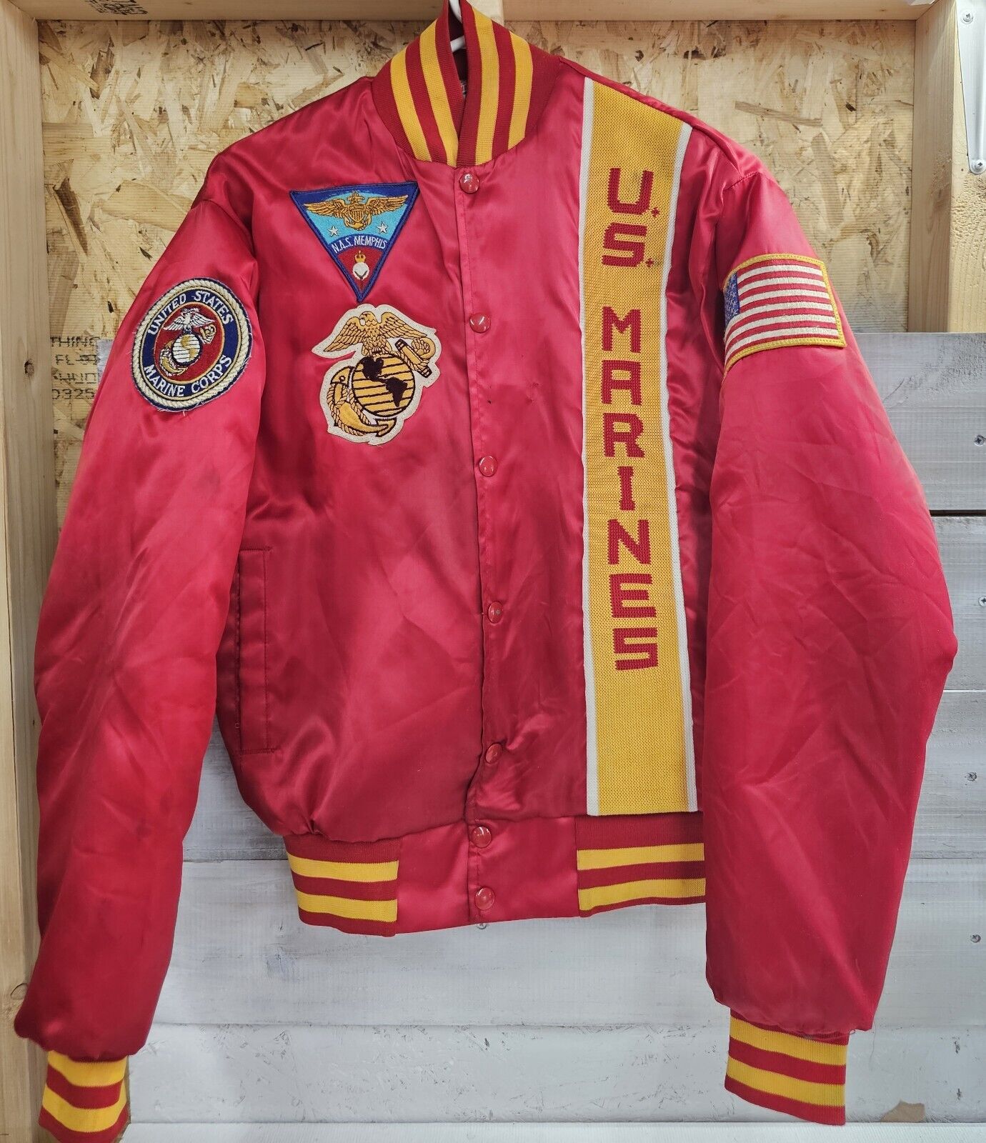 Vintage US Marines Red Satin Bomber Jacket Marine Corps With Patches Small