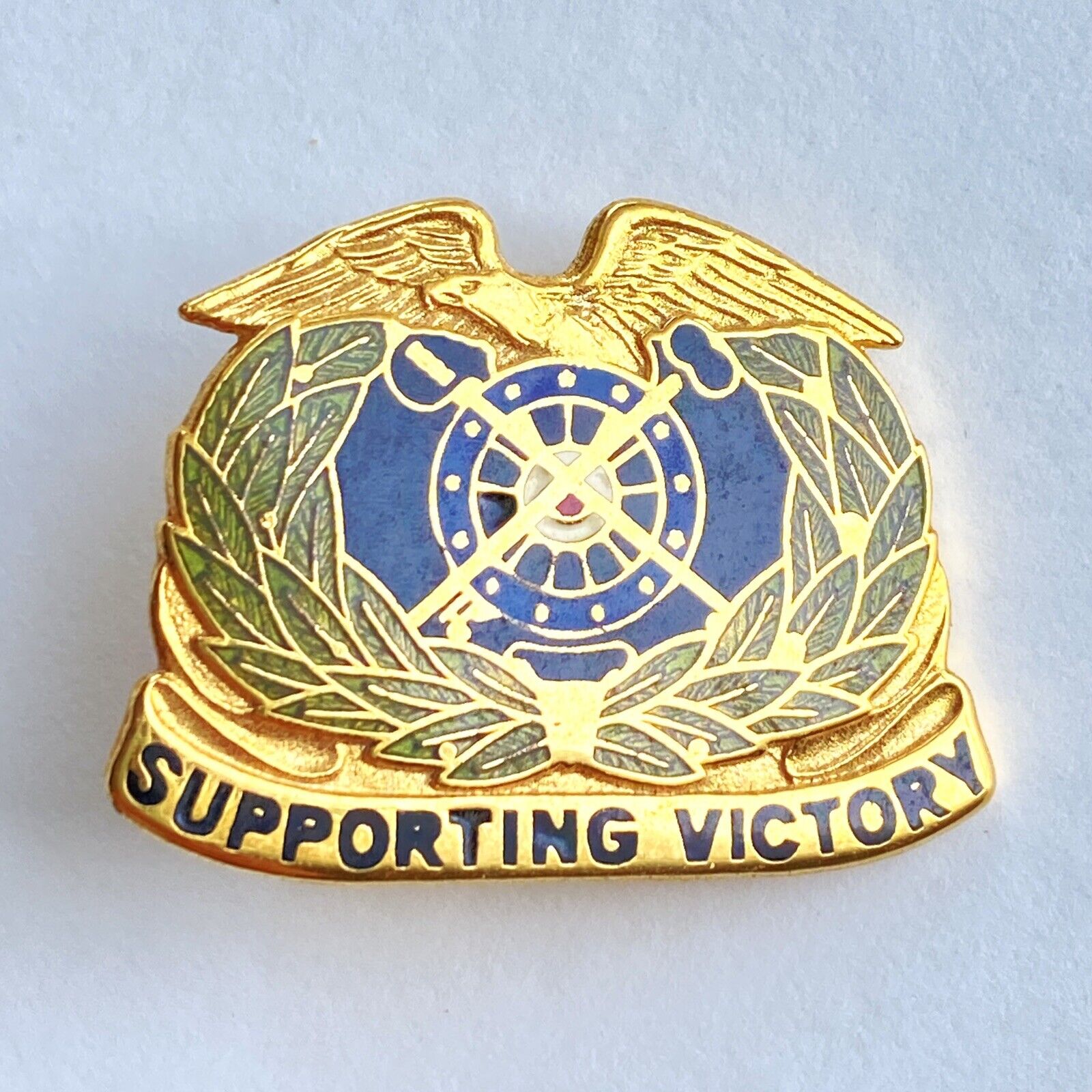 Vintage US Army Quartermaster Corps Supporting Victory Crest Enamel Pin 1.4”