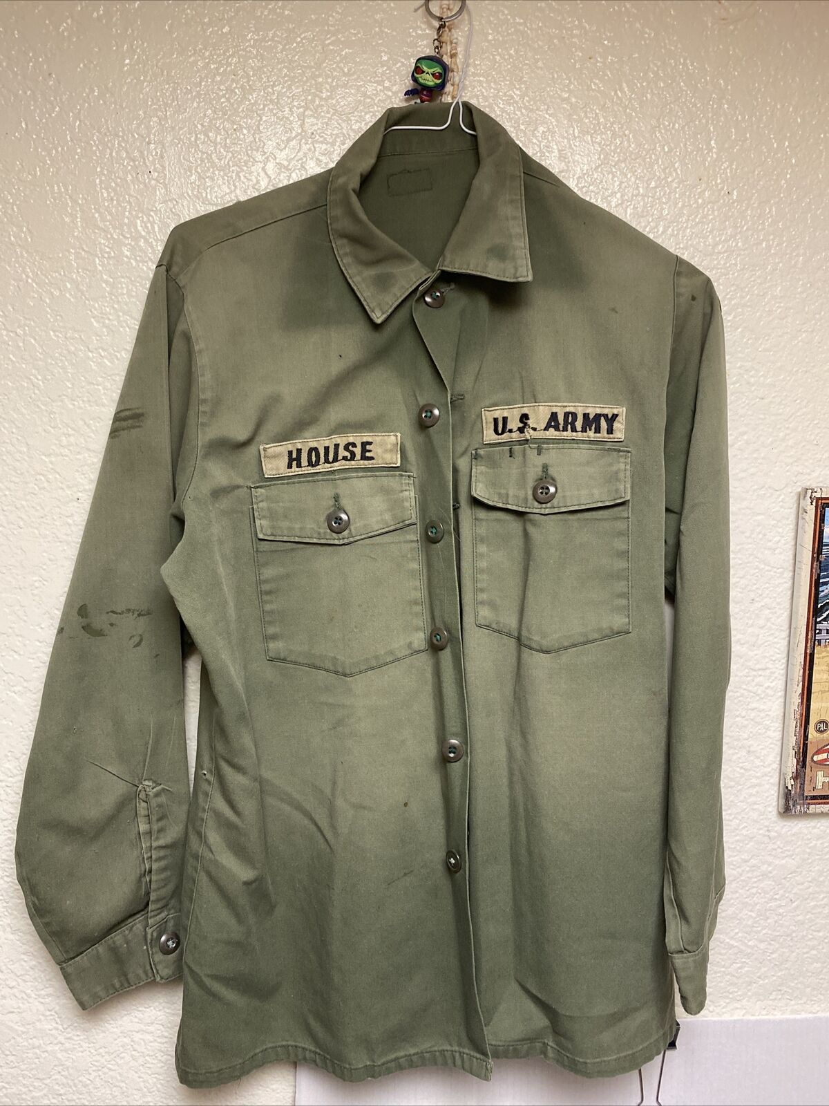 🪖Vintage US Army Button Shirt 15.5 X 35 1970s.  Varying Condition With Patch
