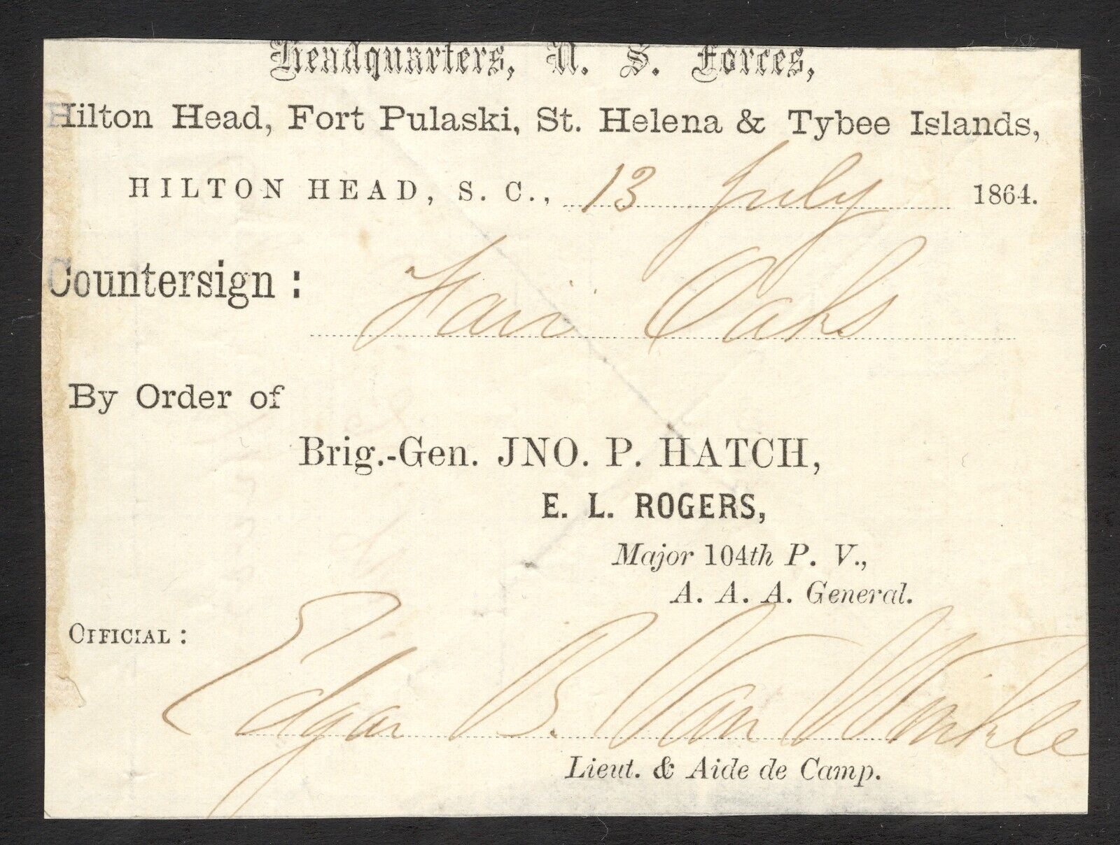1864 Union Document with Countersign - Hilton Head, South Carolina