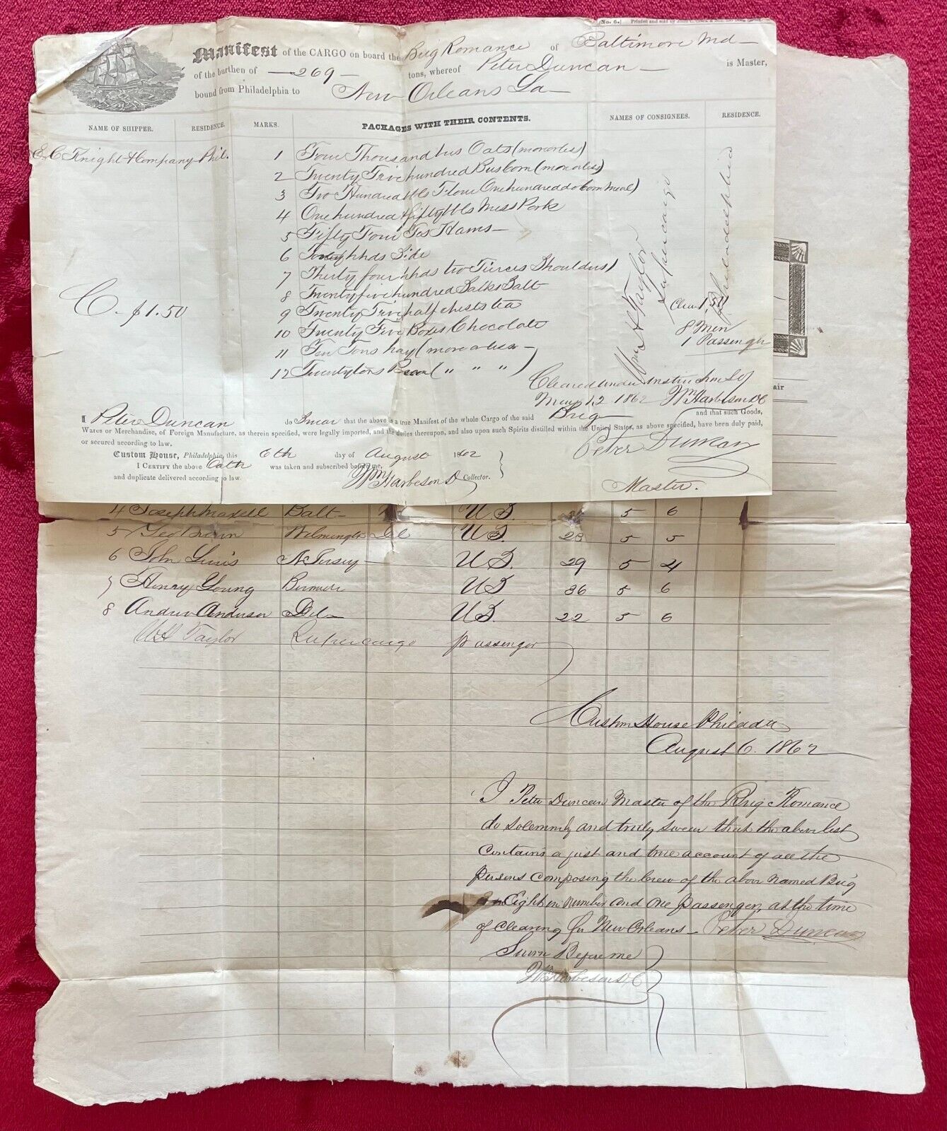 FOOD TO UNION ARMY IN NEW ORLEANS - SHIP ROMANCE - 1862 CARGO/CREW MANIFEST