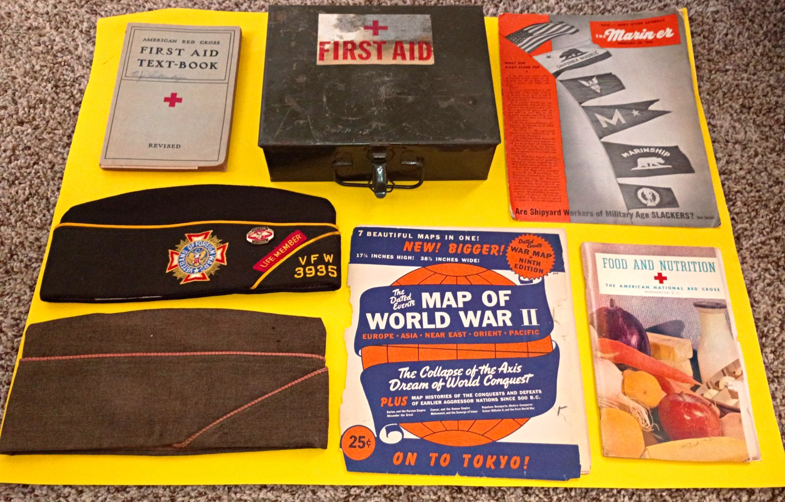 WWII Military Memorabilia Lot VFW 3935 WWII War Map First Aid Books Vintage