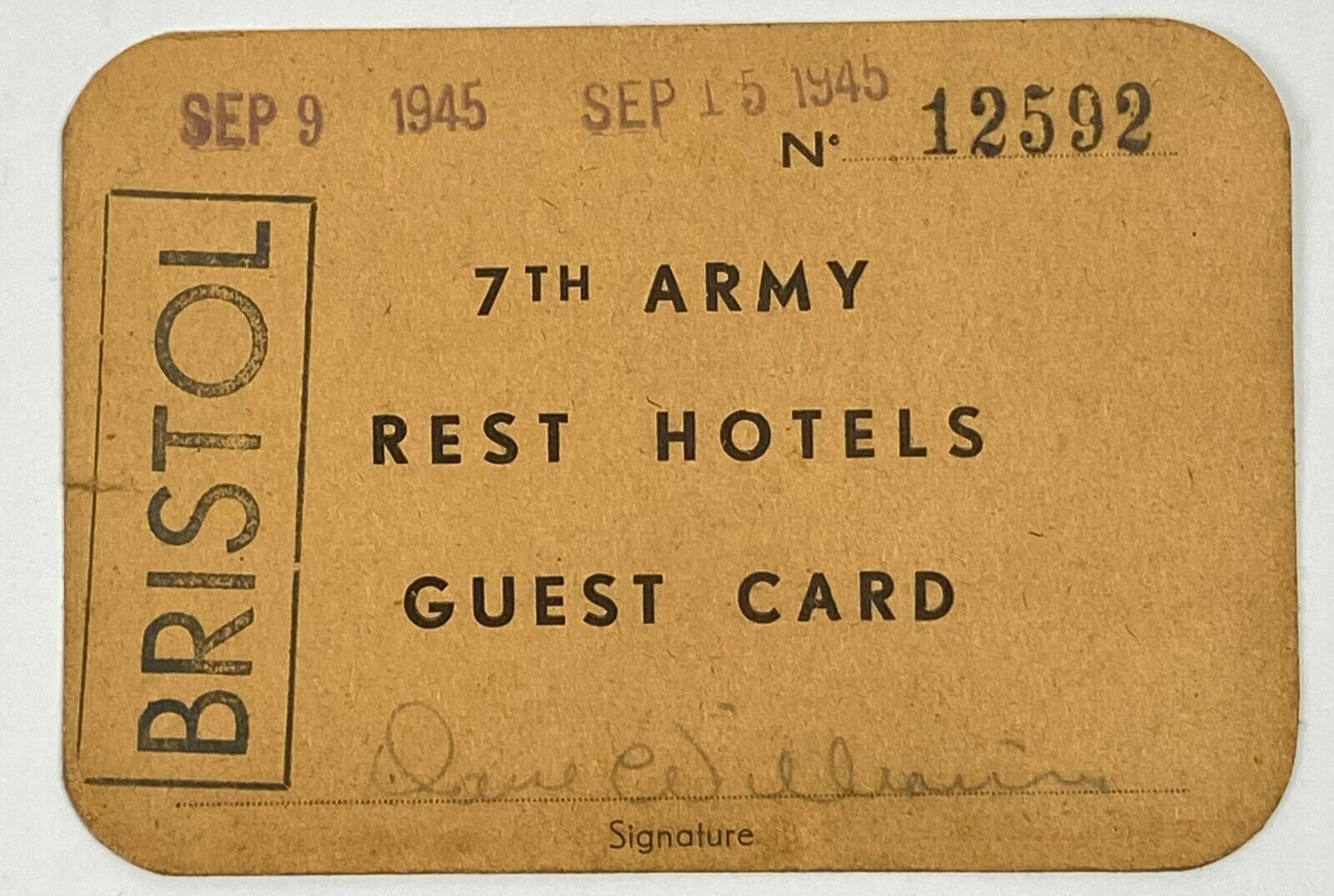 WWII Era 7th Army Major Infantry Bristol Hotel Guest Card Belgium Signed