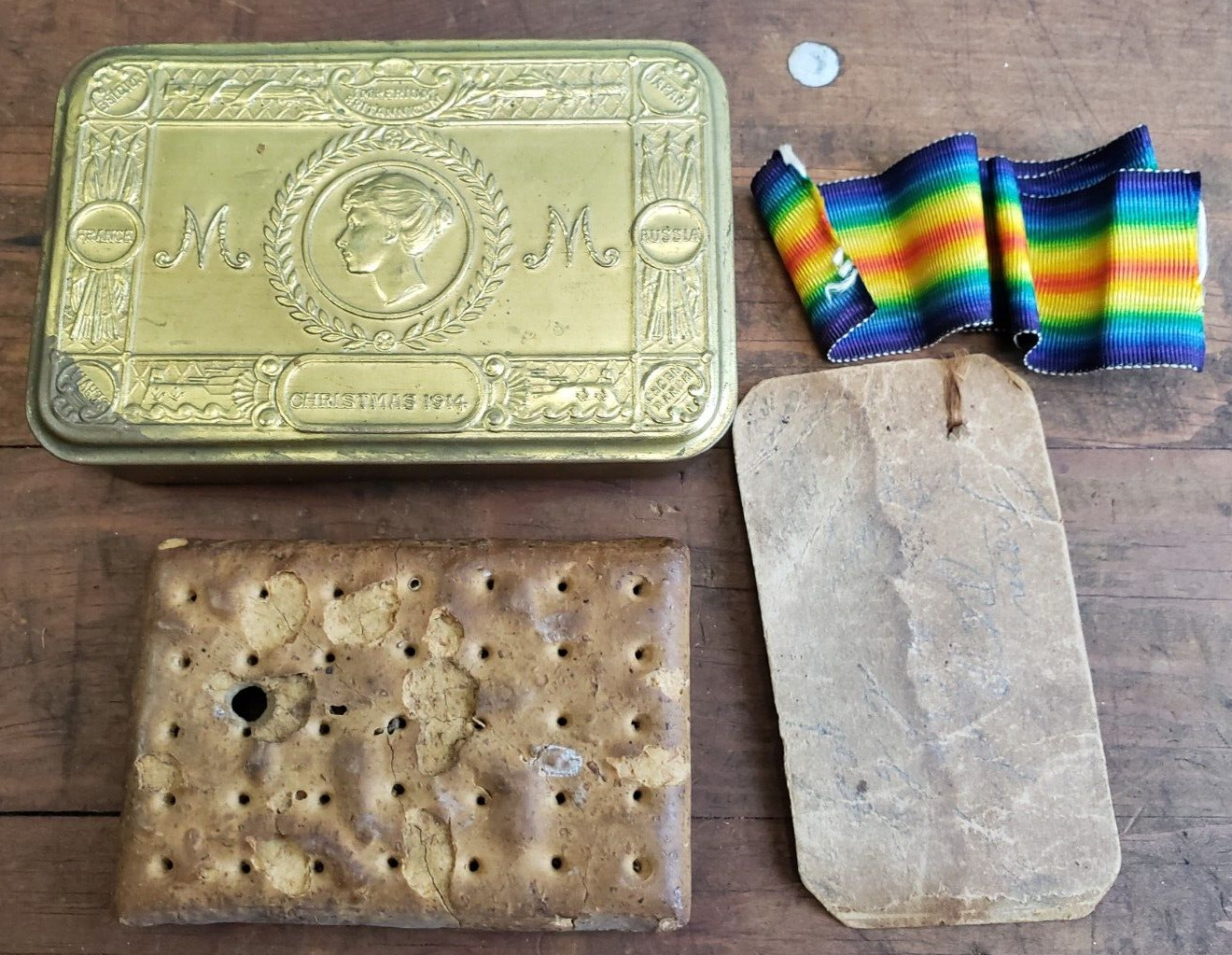 Original WWI Hard Tack Biscuit with 1914 Christmas Brass Tin, Ribbon, Tag