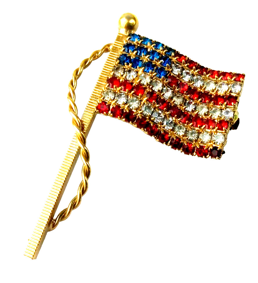 WWII Figural Rhinestone 48 Star US FLAG Military Sweetheart Brooch Pin NOS