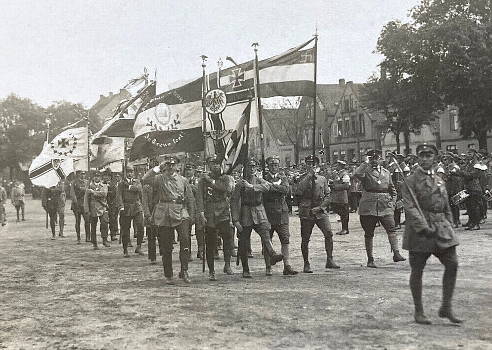 RARE POST WW1  GERMAN STAHLHELM with FLAGS EARLY 1920's PHOTO POSTCARD RPPC