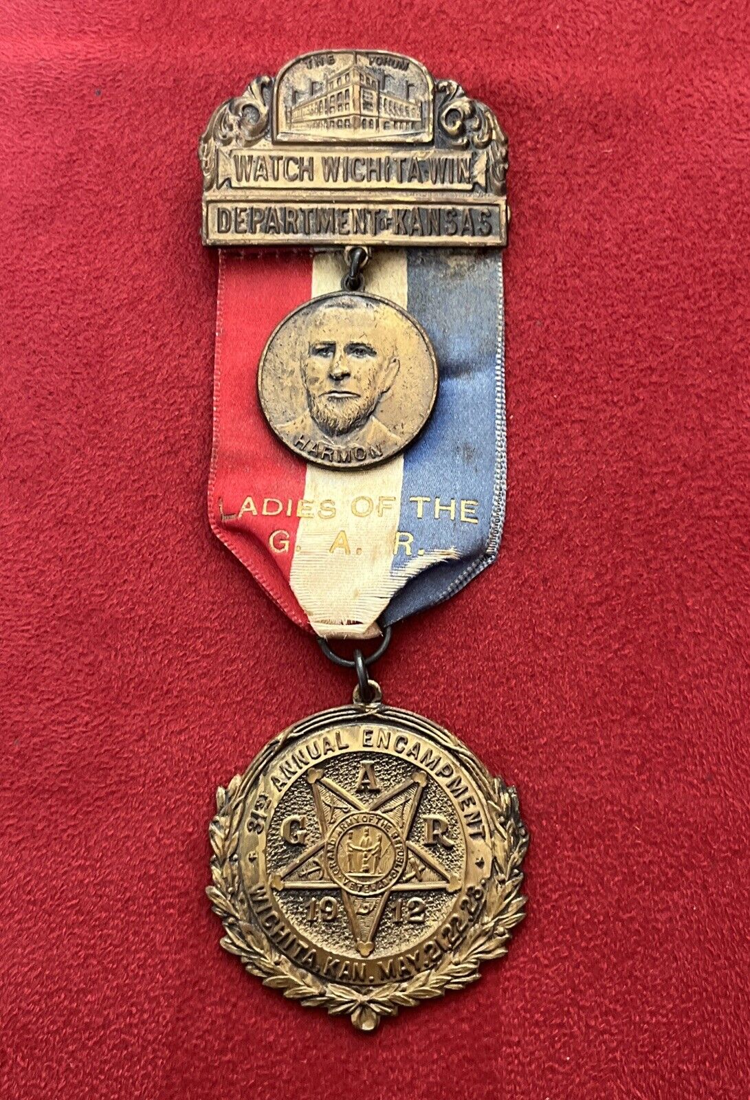 Antique 1912 Ladies Of GAR Whitehead & Hoag Wichita Kansas Medal Ribbon Rare