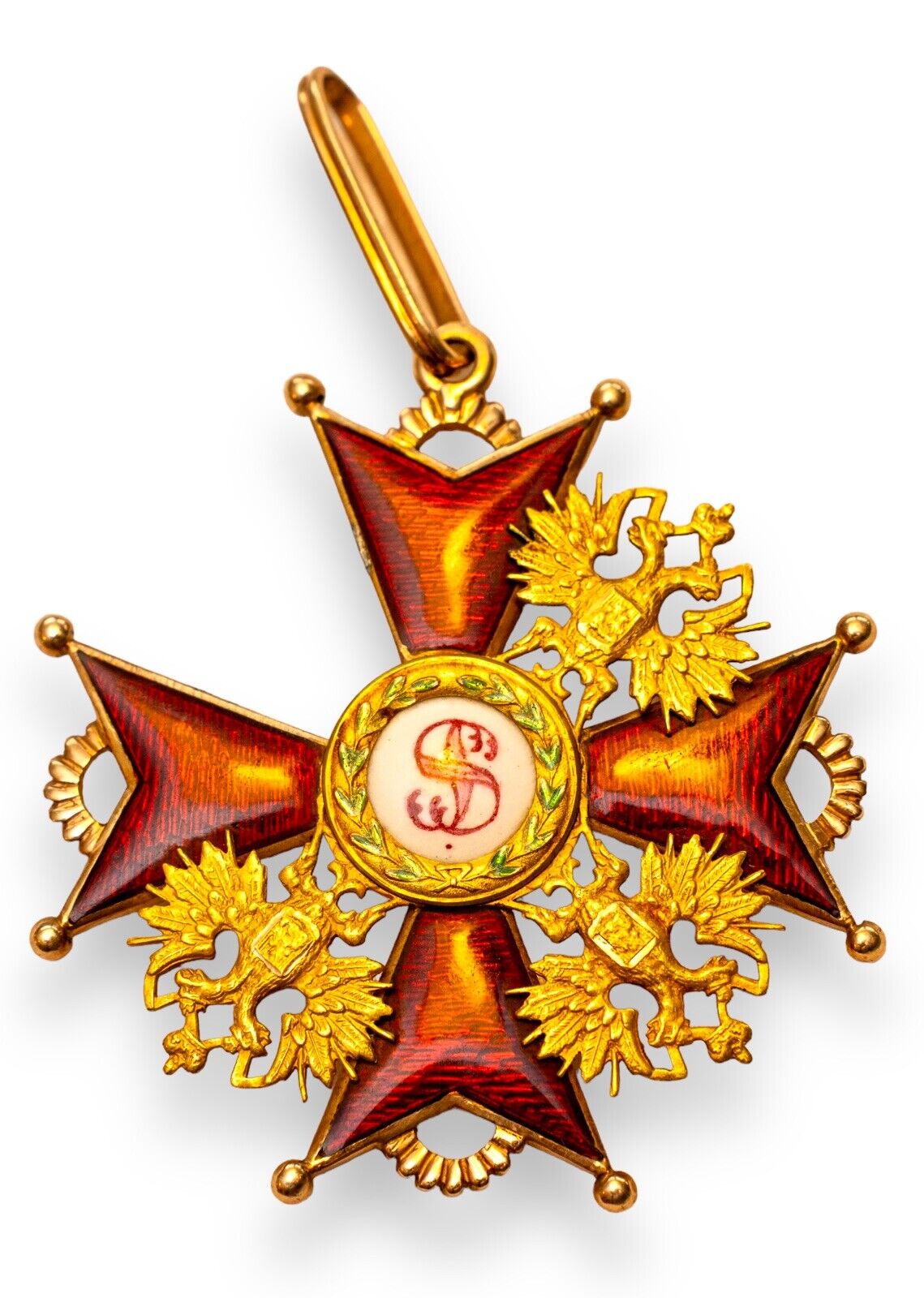 RUSSIAN IMPERIAL ORDER OF ST. STANISLAUS BADGE, I CLASS, KEIBEL, RARE, 14KT GOLD