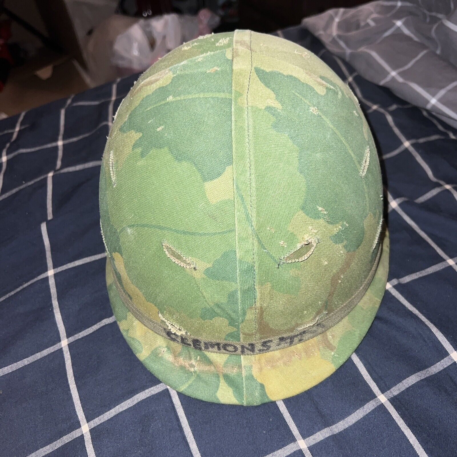 Rare Vietnam War Helmet With Camo Cover And Name On Liner And Helmet Band