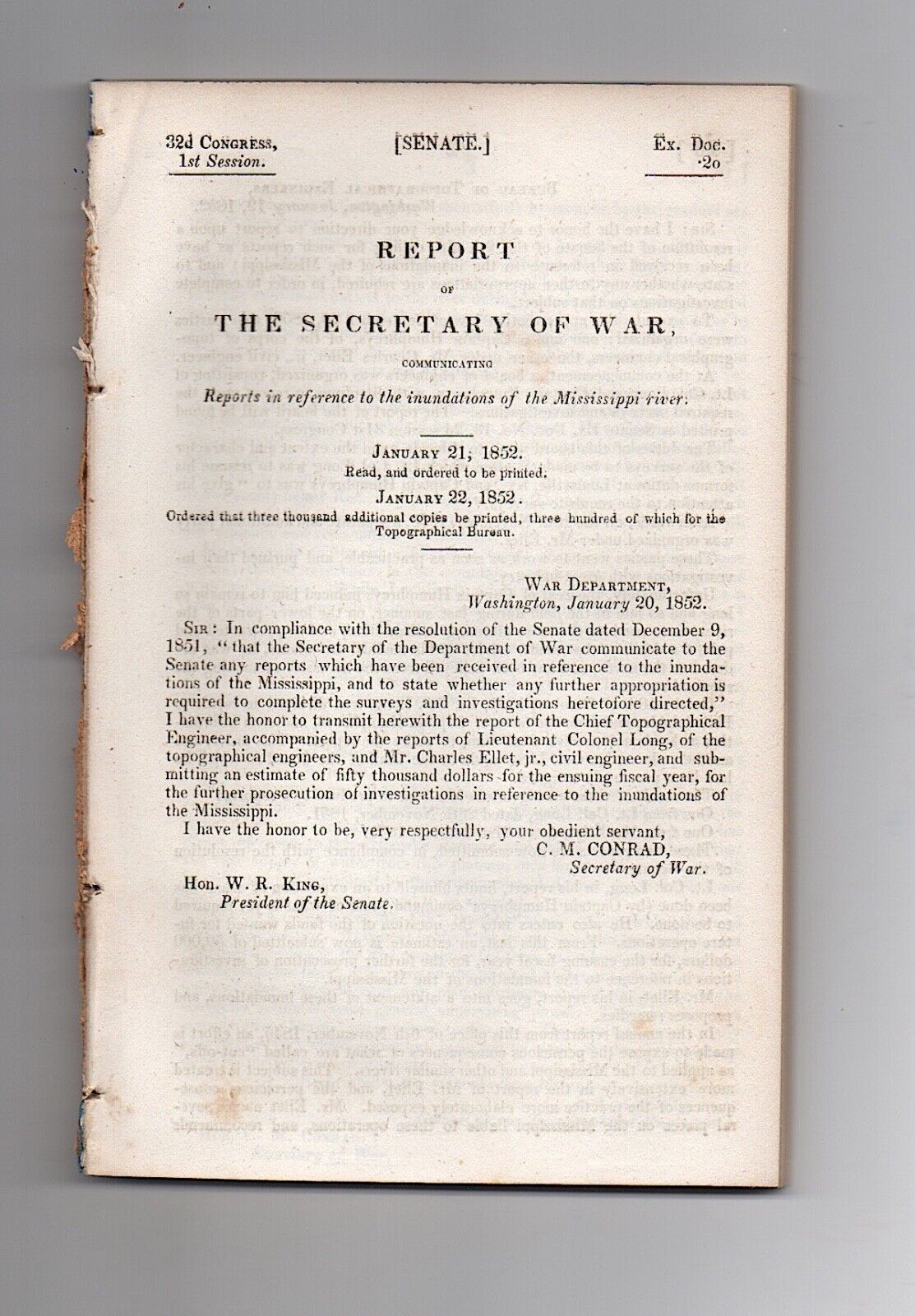 INNUNDATION OF MISSISSIPPI RIVER] 1852 printed gov doc C M CONRAD