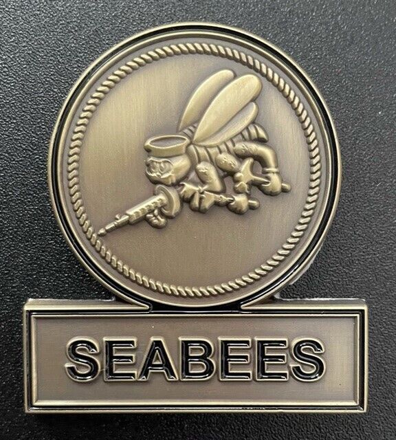 Antique Brass Seabee Patch Flat w/3M backing ~ 2.25\