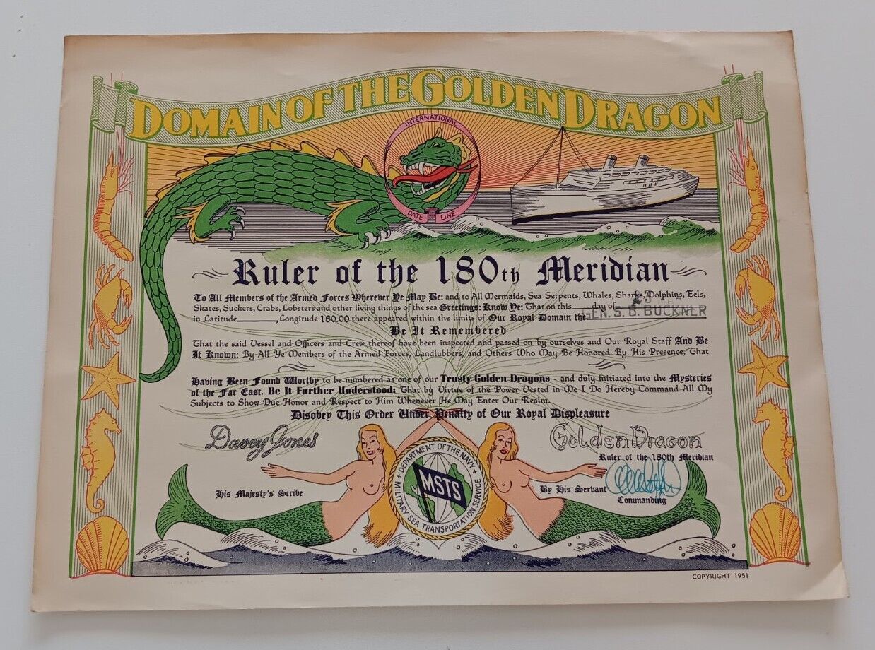 1951 Domain of the Golden Dragon 180th Meridian Certificate Davey Jones Military