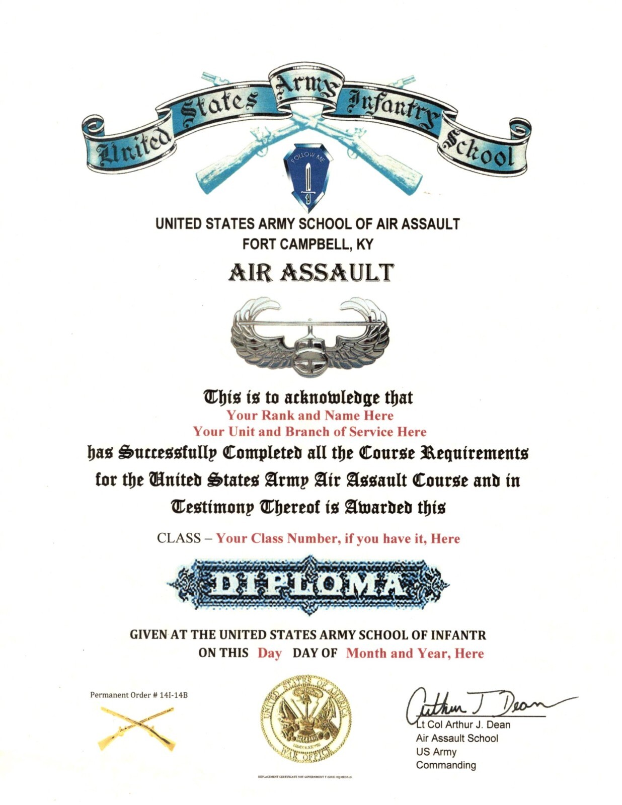 United States Army Air Assault Course School Diploma Replacement Certificate