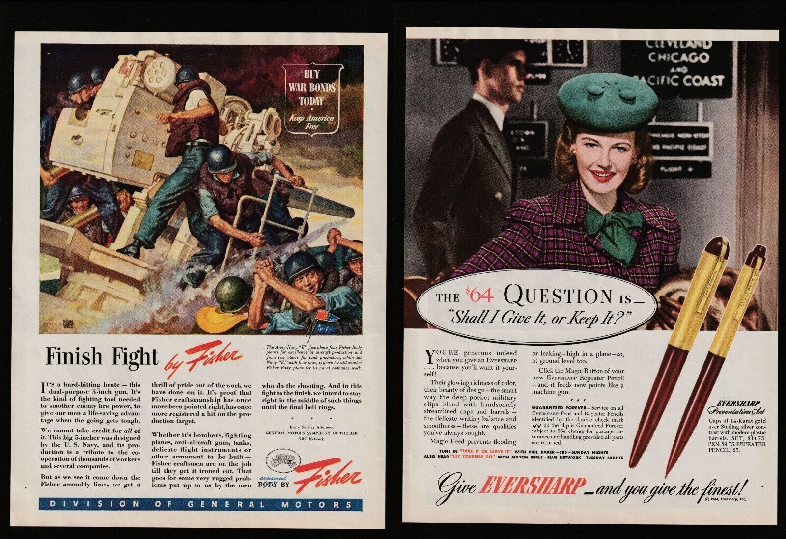 1944 General Motors Finish Fight Fisher Buy War Bonds Military Vintage Print Ad 