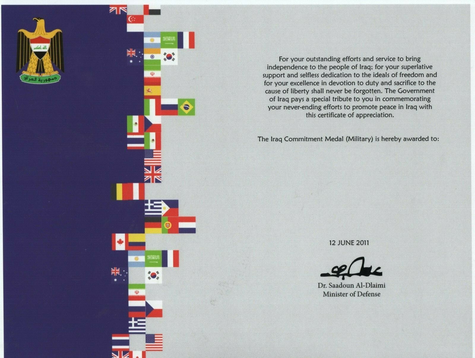 IRAQ COMMITMENT MEDAL (MILITARY VERSION) AWARD CERTIFICATE