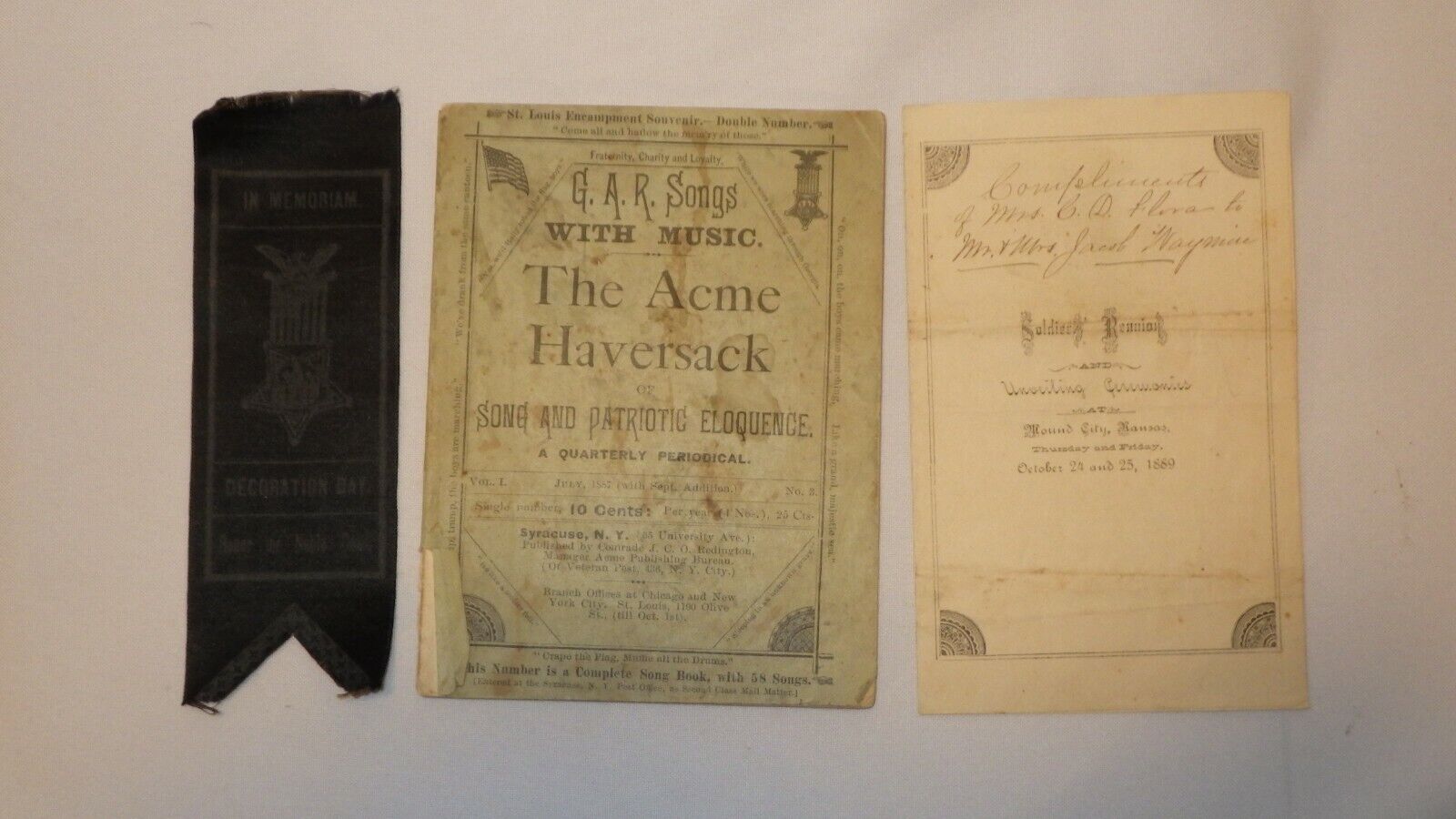 1887 GAR Songs Music Acme Haversack Book Grand Army Republic & 1889 Program