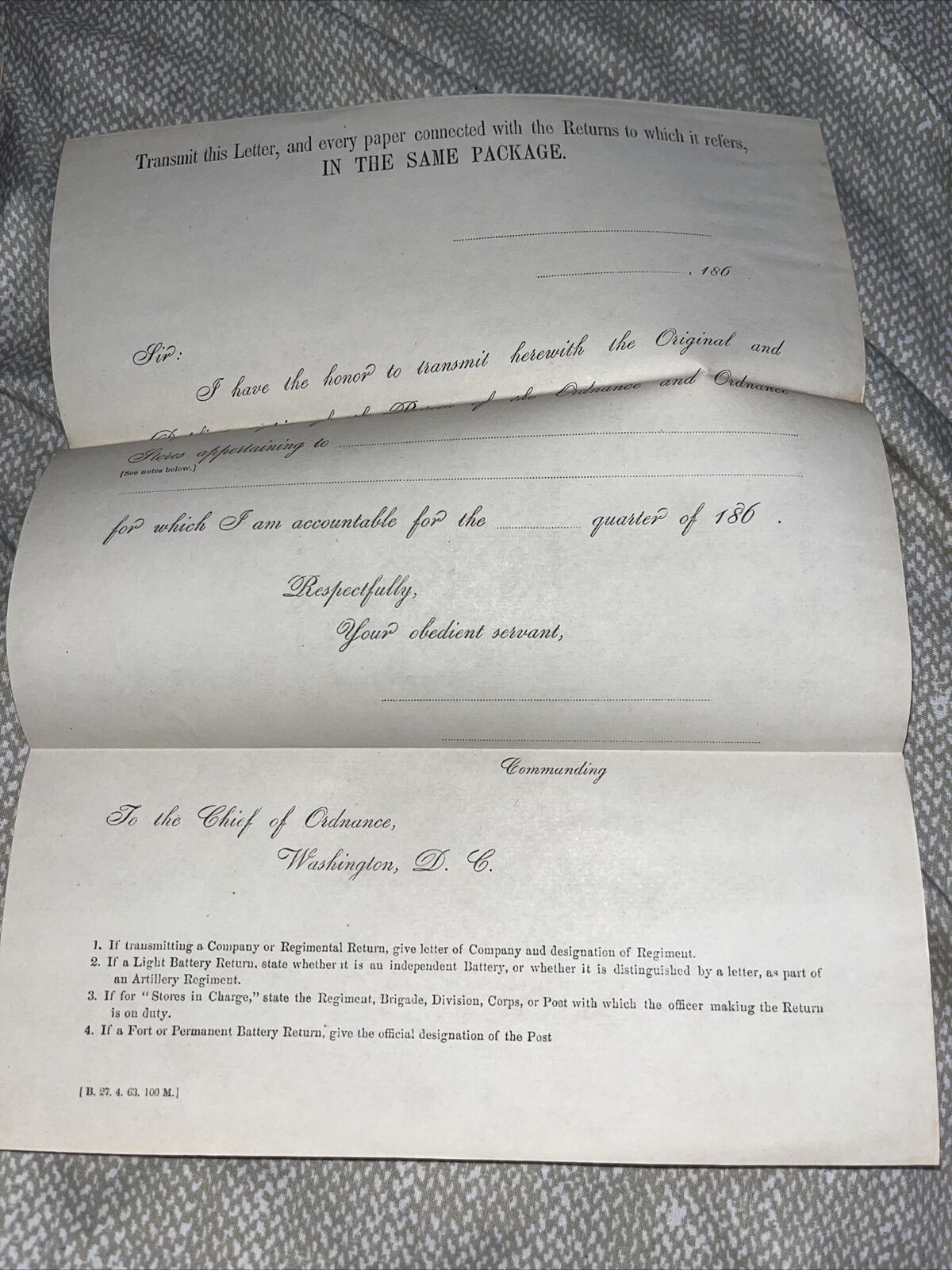 Civil War Document To The Chief Of Ordnance Washington D.C. Letter Militaria VTG