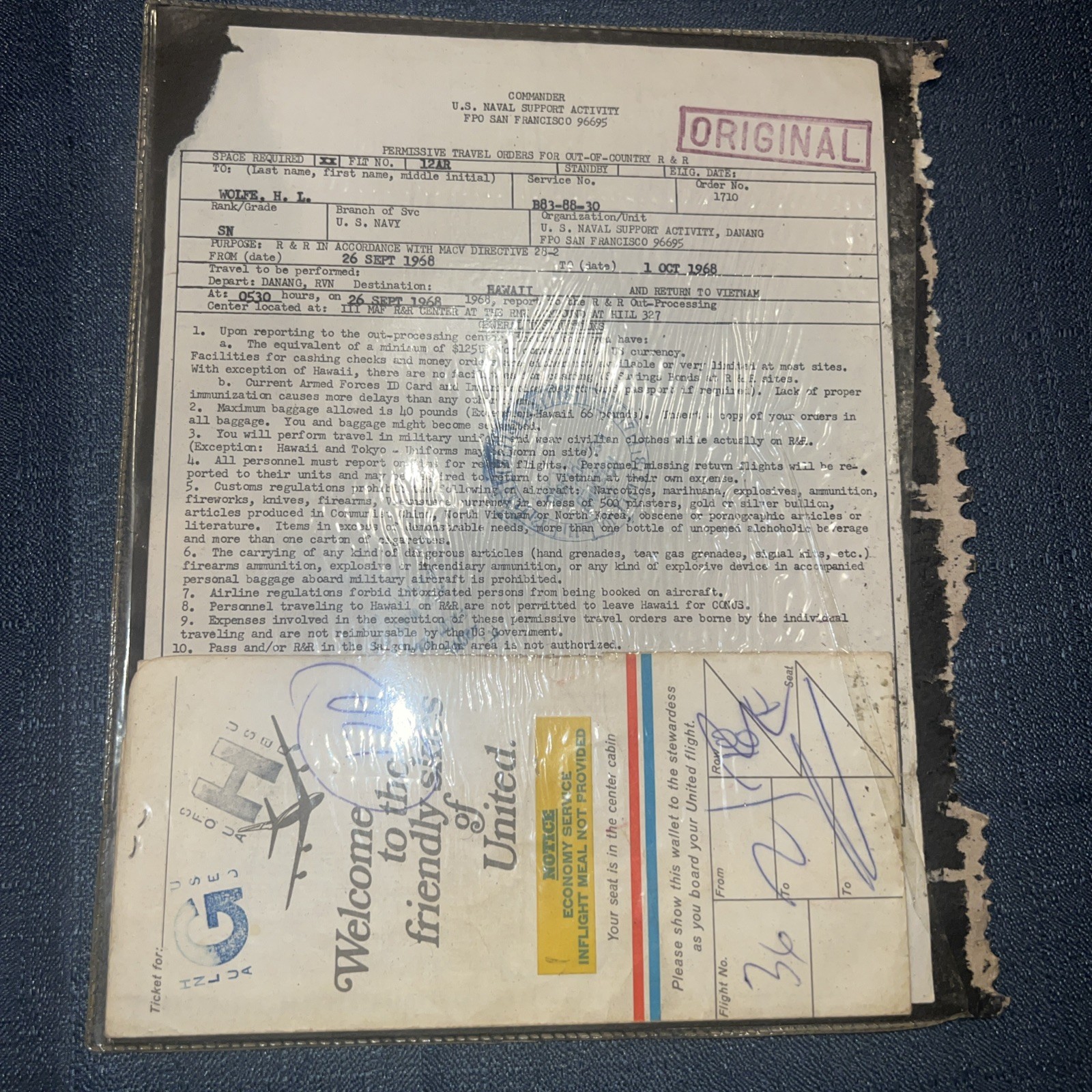 Vietnam War Permissive Travel Orders & United Airlines Plane Ticket 26 Sep. 1968