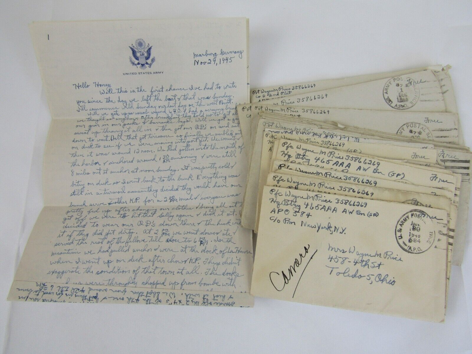 Lot Post WWII Letters to Home 465th AAA AW 1945-1946