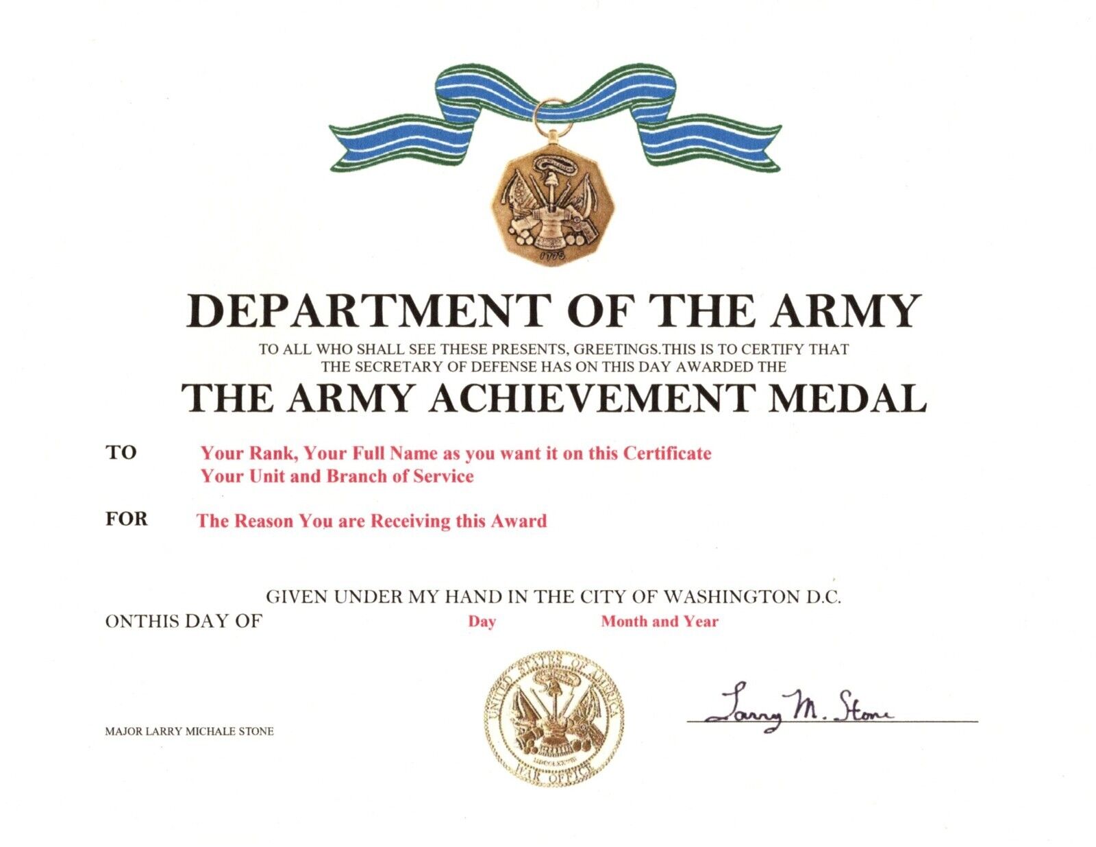 United States Army Achievement Medal Replacement Certificate