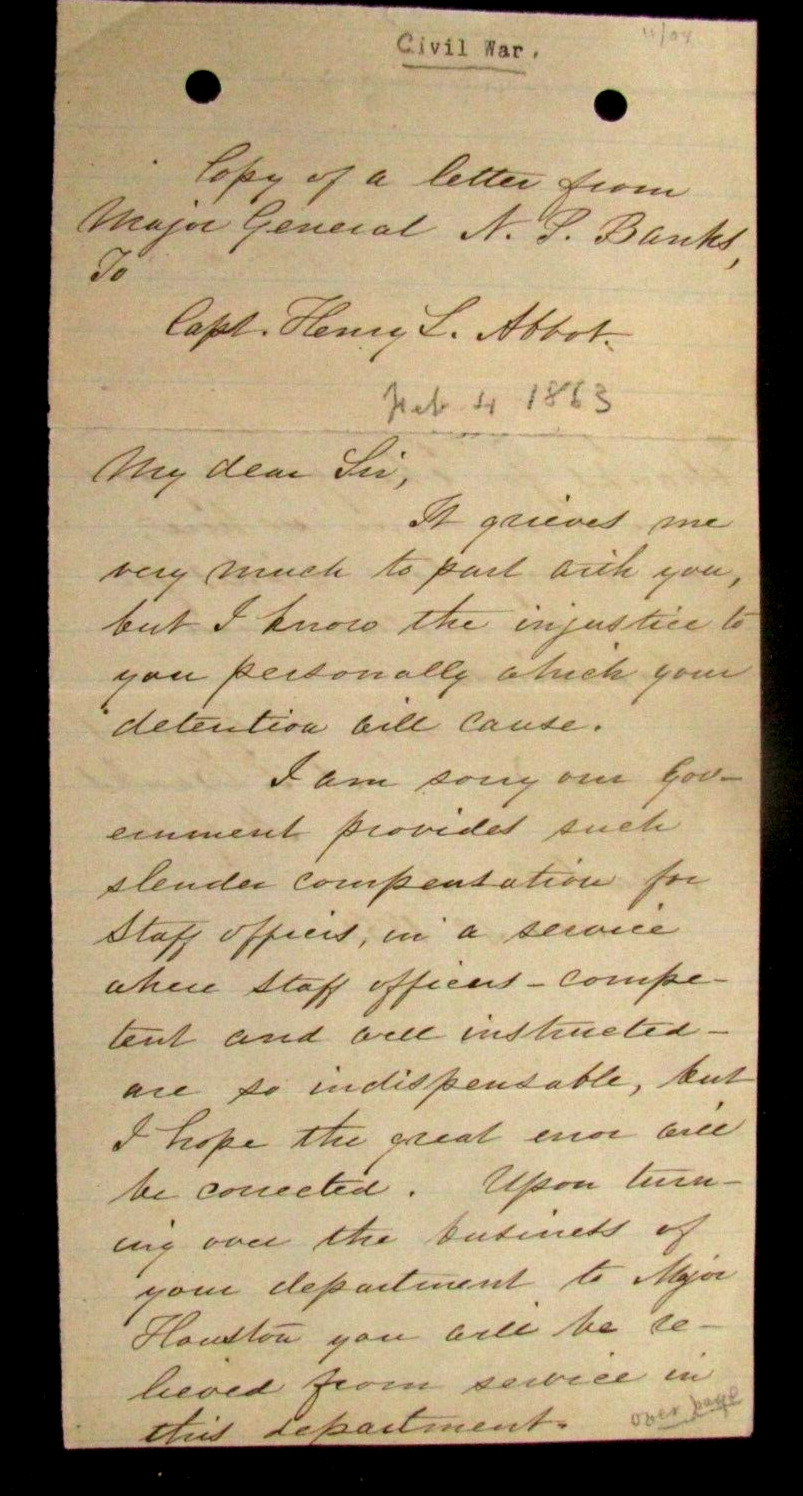 CIVIL WAR GENERAL HENRY LARCUM ABBOTT COPY LETTER FROM GENERAL NP BANKS  1863
