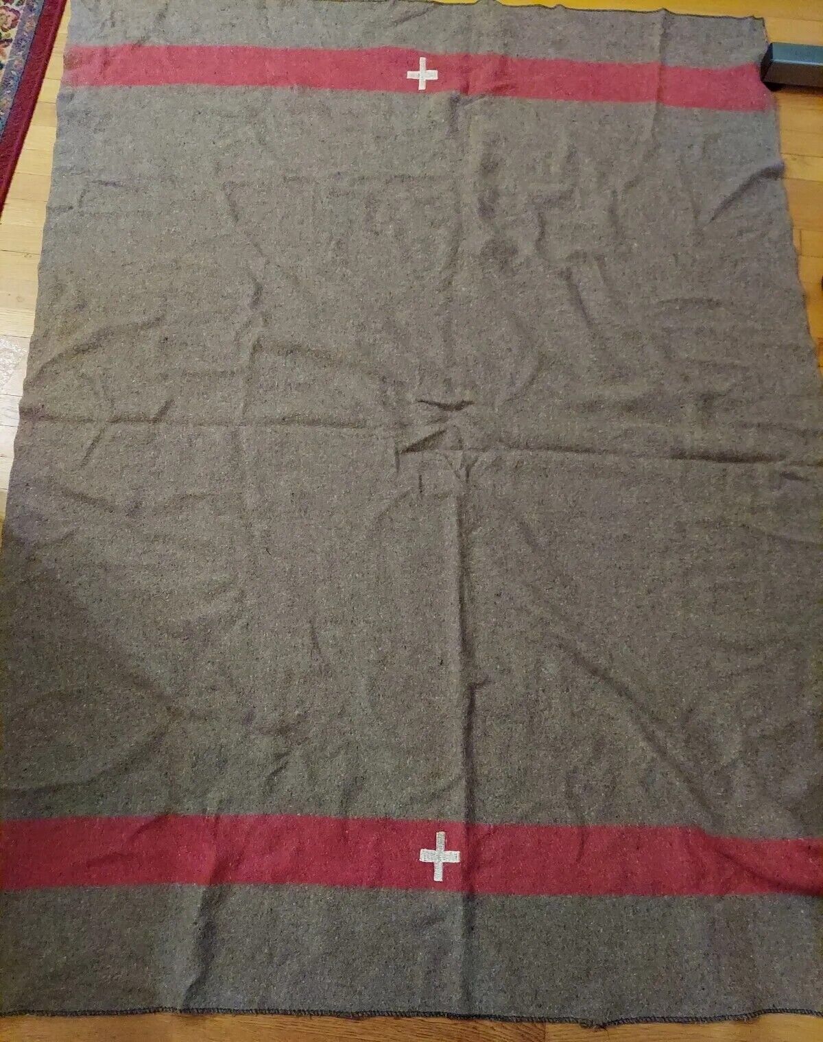 Reproduction Swiss Army Military Wool Blanket Red Stripe White Cross 54x76\