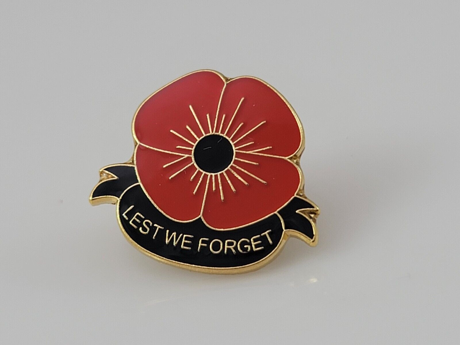 Remembrance Veterans Lest We Forget Red Poppy Enamel Pin Black Banner