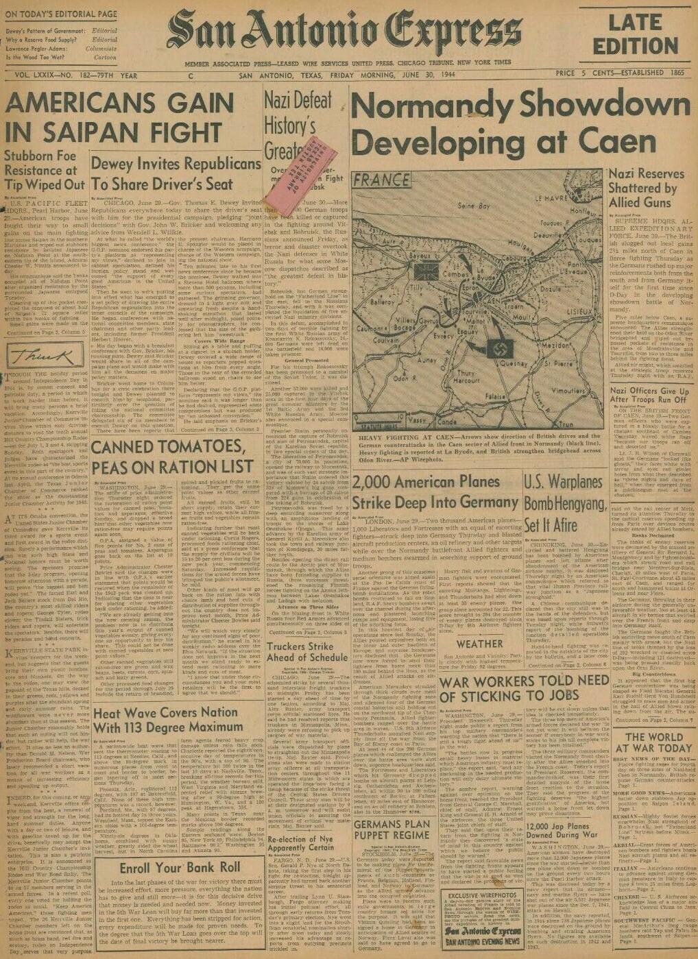 US Gain in Saipan Allies Advance on Caen Soviets Take White Russia June 30 1944