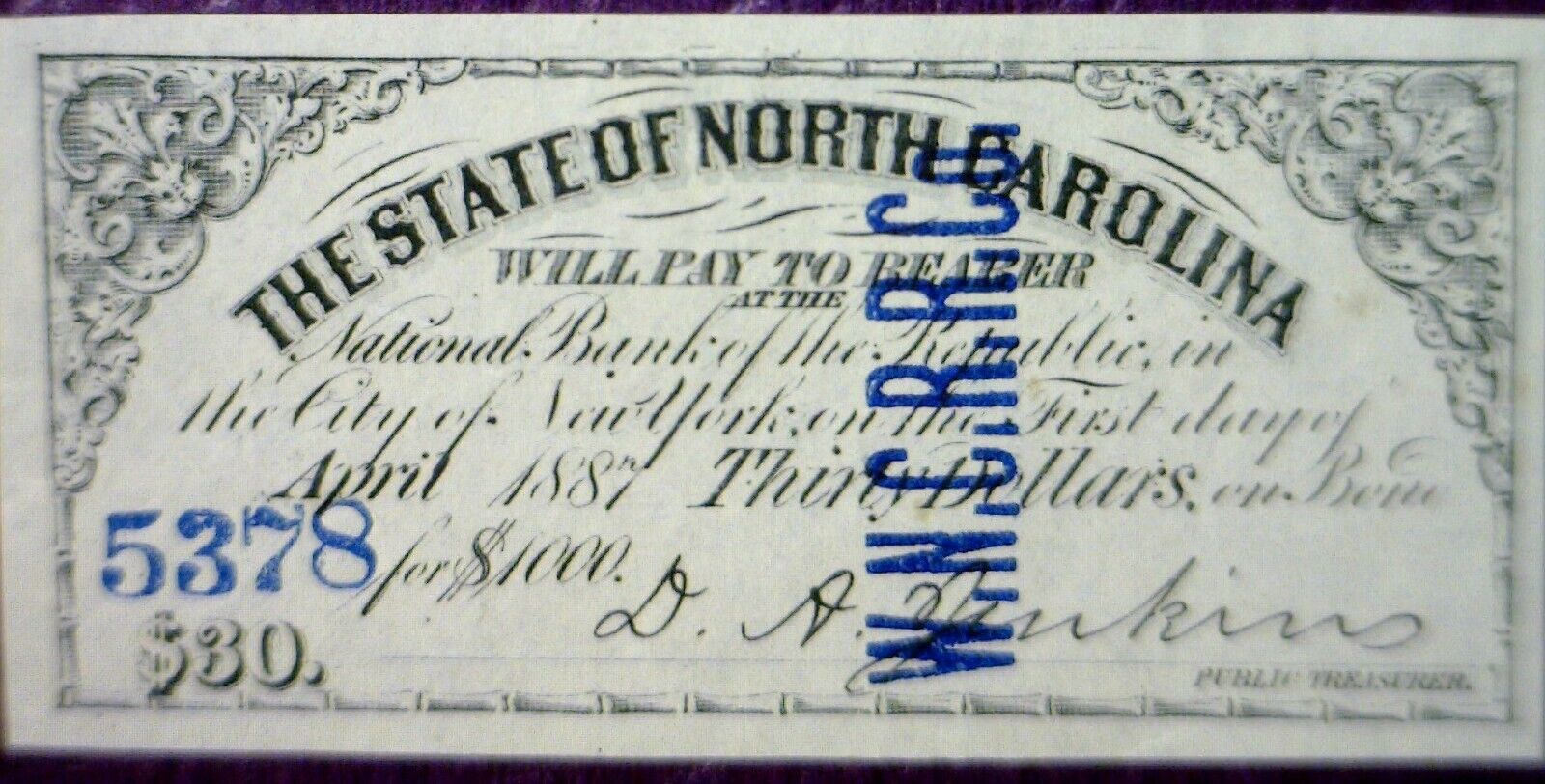 1860 \'s CONFEDERATE Civil War Era $30 State of N.C. CRISP Interest Note  #64  NR