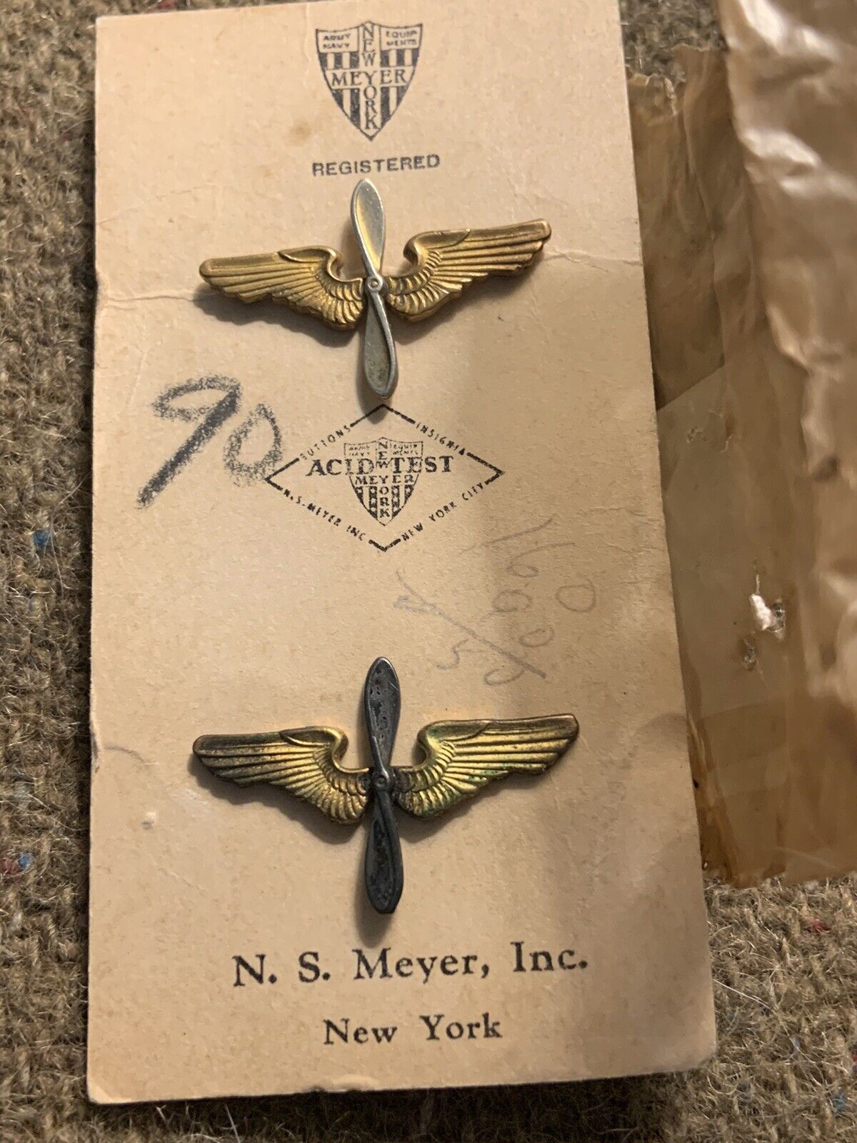 WWII Meyer made USAAF Officer Collar Winged Propeller Branch Pins on Card