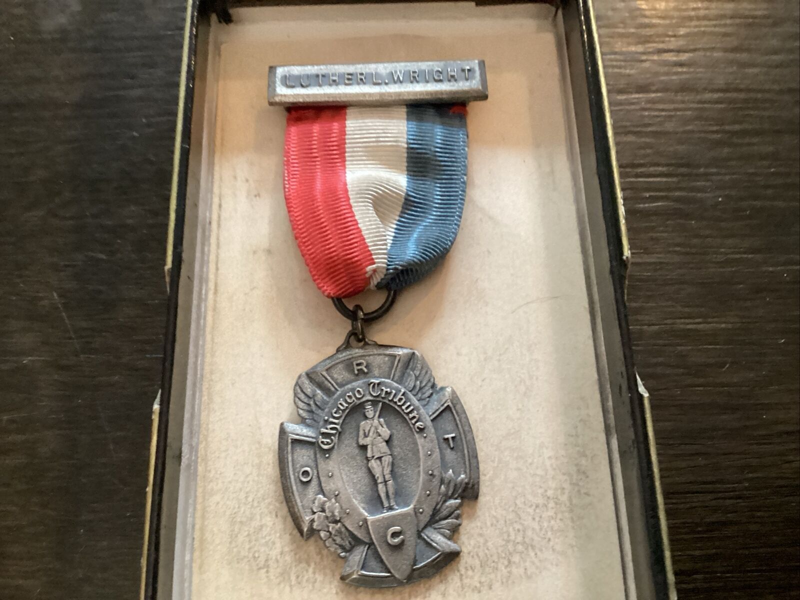 Vintage 1942 Chicago Tribune Military Merit Medal Ribbon Pin Named