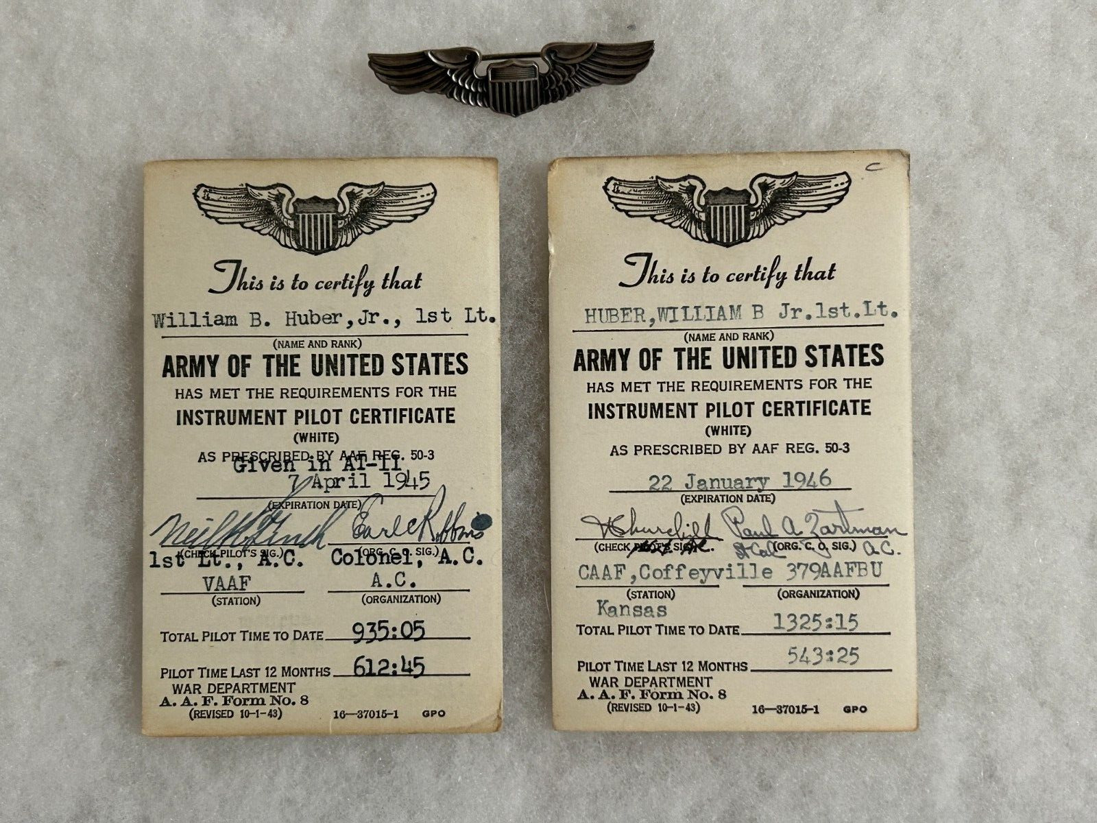 USAAF Pilot Wings 2 inch pinback with two instrument rating cards