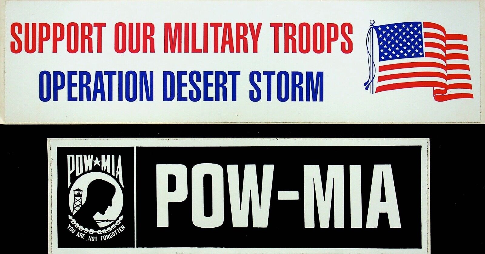 SUPPORT OUR MILITARY TROOPS + POW-MIA VINTAGE BUMPER STICKERS - E11-F