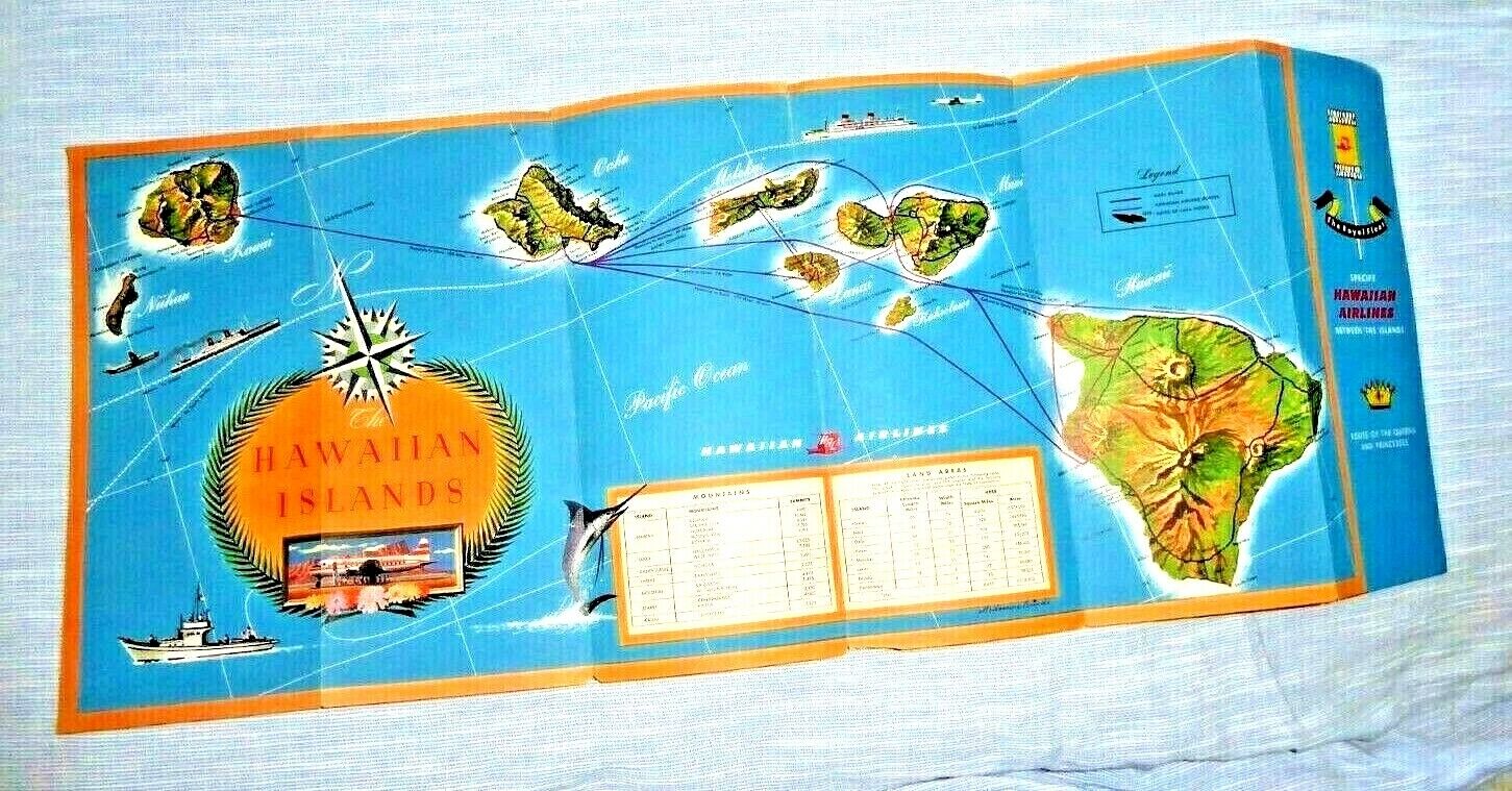 VINTAGE  LOVELY  ILLUSTRATED MAP HAWAII HAWAIIAN AIRLINES BY M. BRINDLE 1957