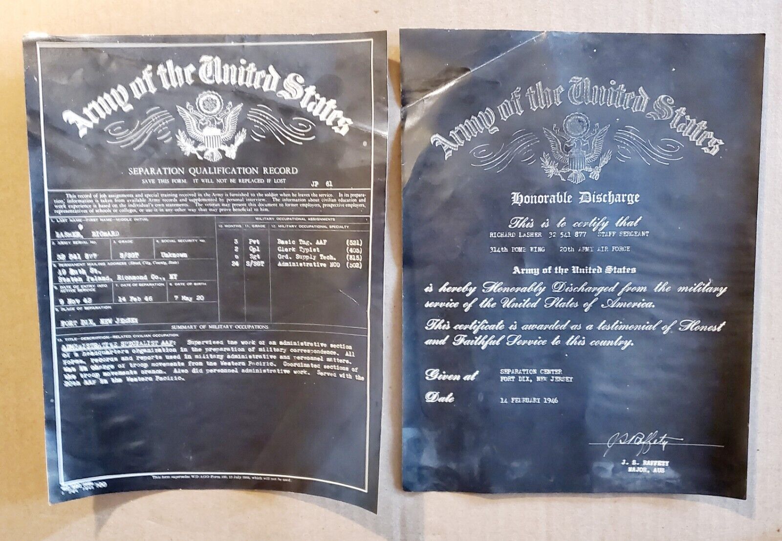 1942 Separtion Qualification Record And Honorable Discharge Papers 1942 - 46