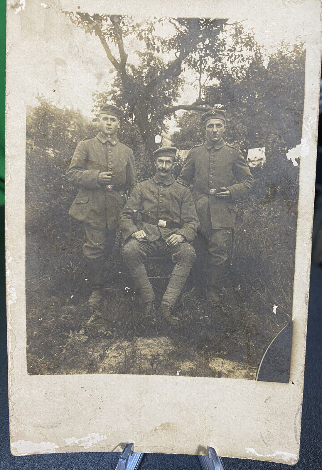 German WW1 Photo Soldiers Pose Trench Leggings Pill Box Hats Shoulder Insignia