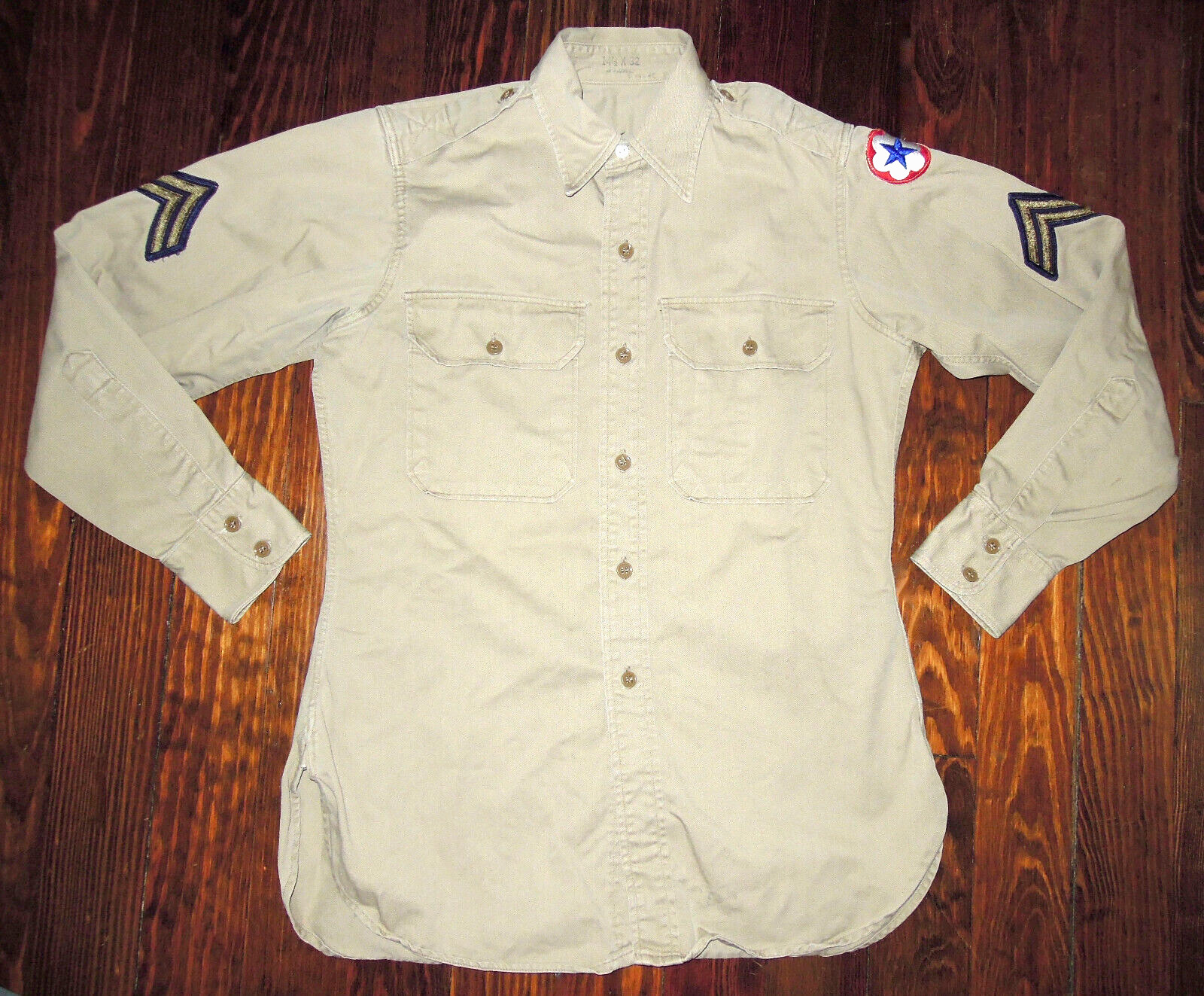Army Shirt Vintage 1951 Korean War Collared Khaki Patches Size 14 1/2 x 32