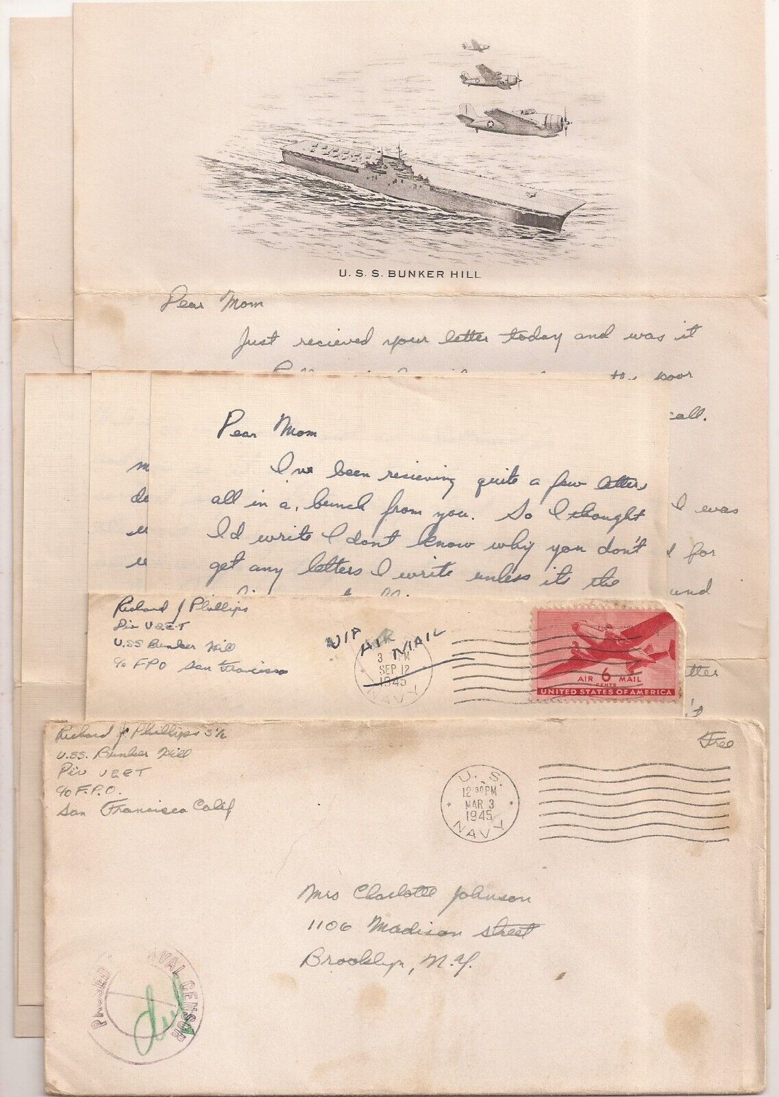 WWII Navy Letters. U.S.S. Bunker Hill. Iwo Jima. Survived 1945 Kamikaze Attack.