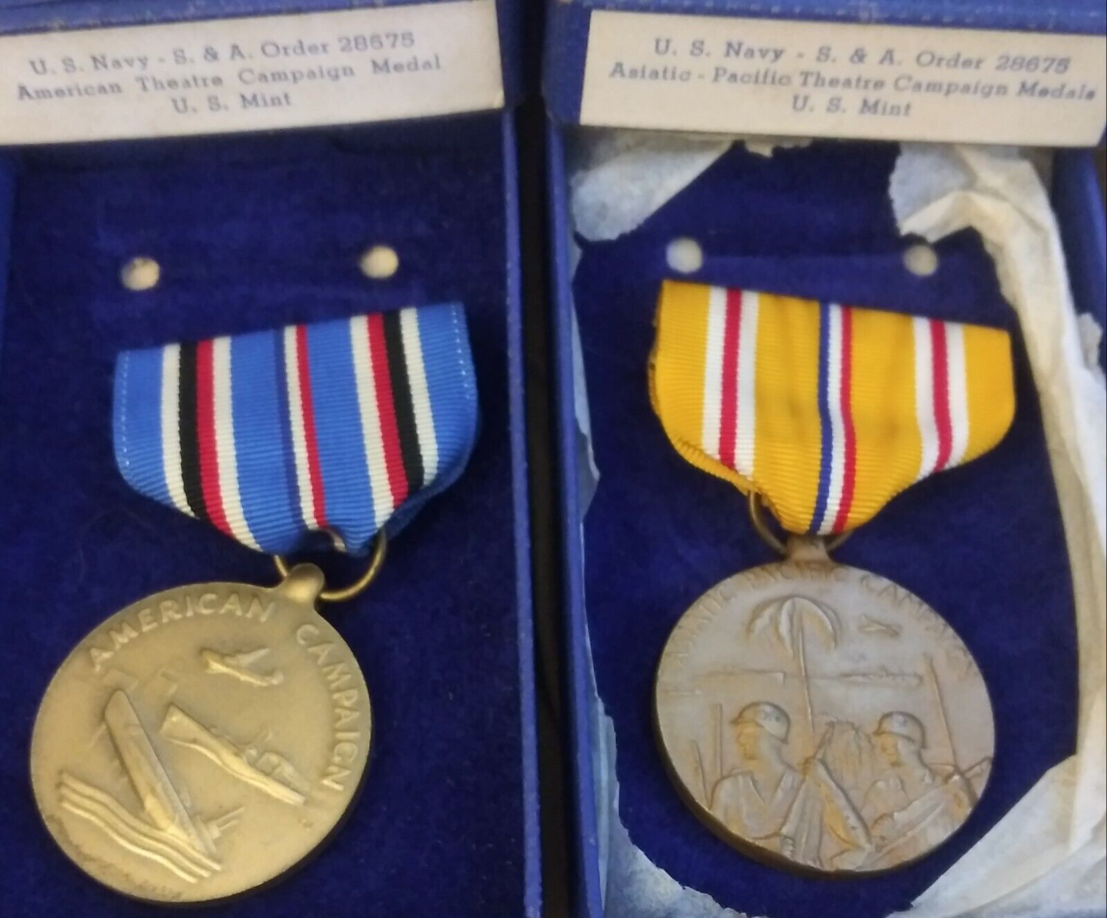 US Mint WWII NAVY medals Pacific+American Theatre Campaign Medal S&A Order 28675