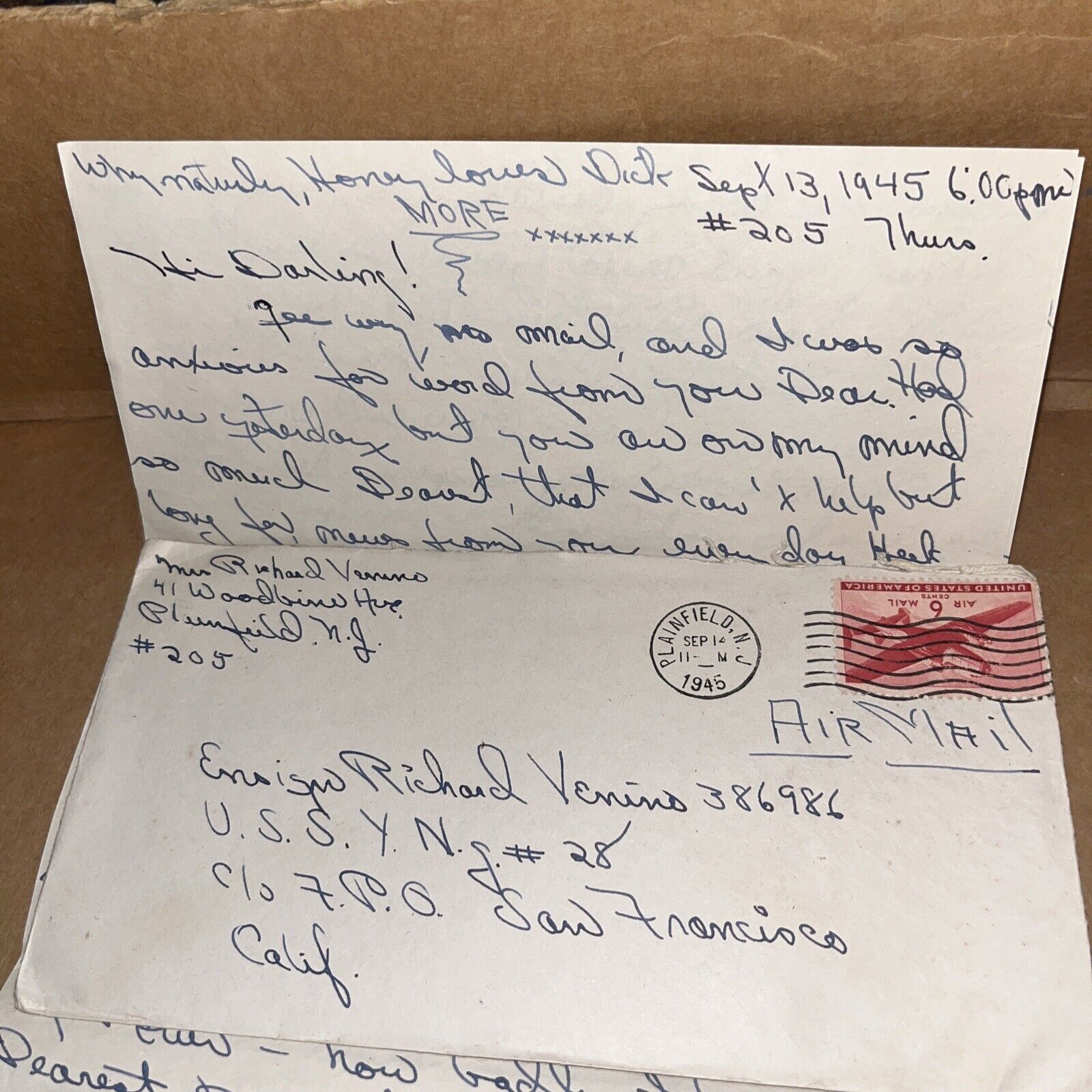 1945 Love Letter from Wife, Post WWII, to US Navy Ensign Endicott College