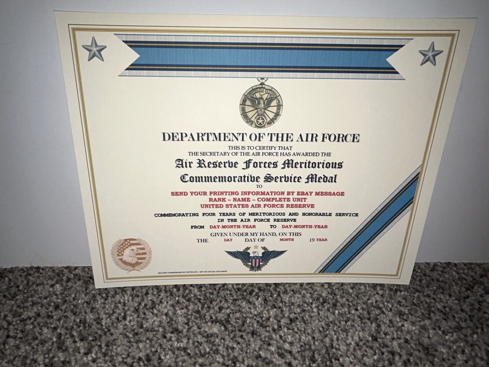 AIR RESERVE FORCES MERITORIOUS COMM. SERVICE MEDAL CERTIFICATE~W/PRINTING T-1